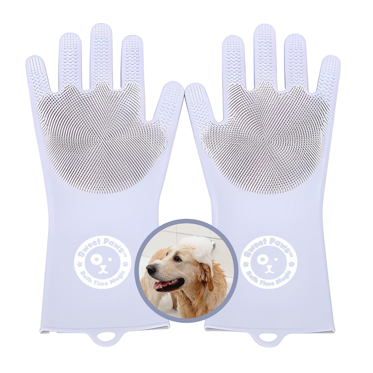 Sweet Paws Silicone Spa Dog & Cat Bathing & Grooming Gloves, 2 Count, Reversible, Nontoxic, & Easy to Clean, Thousands of Massaging Micro-bristles to Pamper Your Pet - Clean Slate
