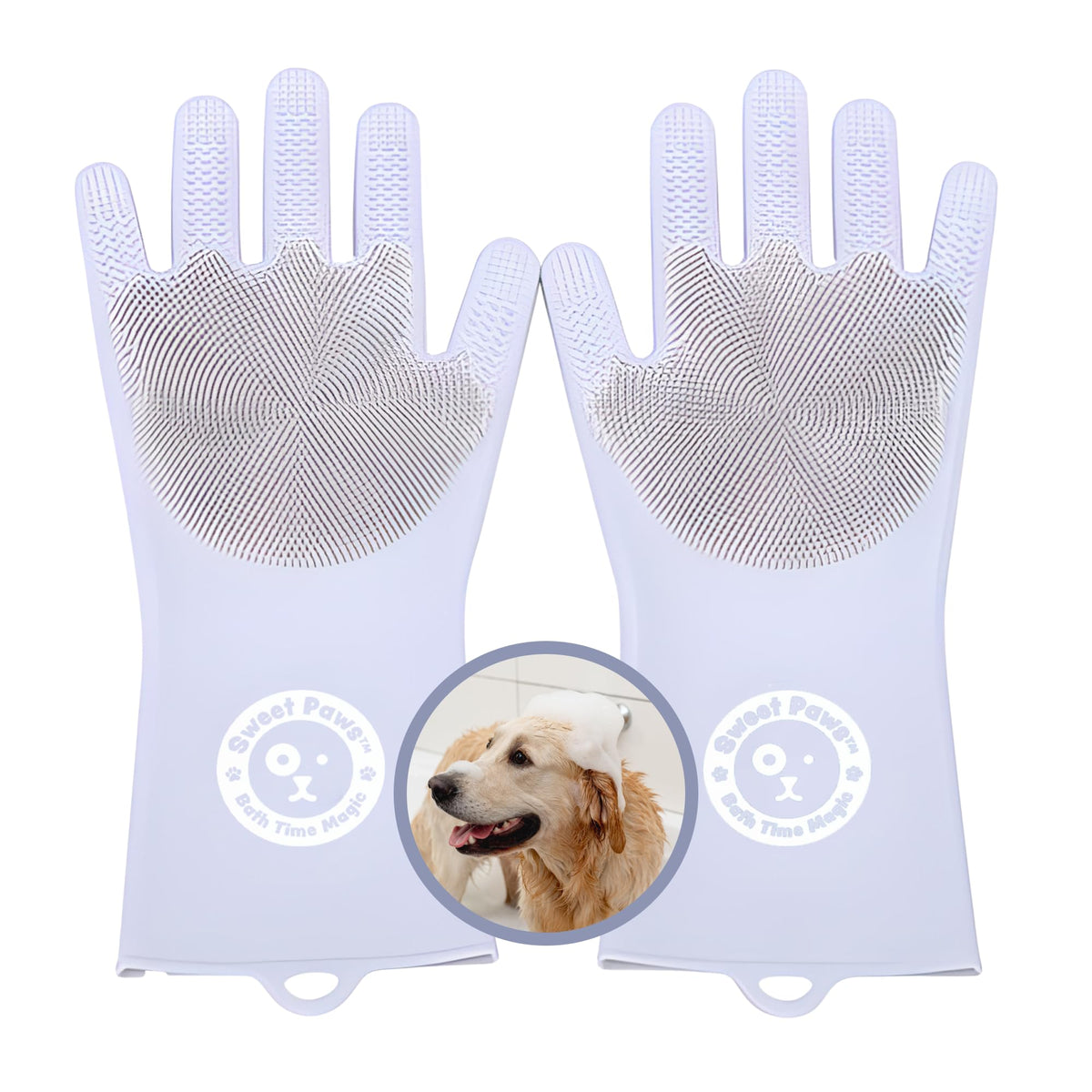 Sweet Paws Silicone Spa Dog & Cat Bathing & Grooming Gloves, 2 Count, Reversible, Nontoxic, & Easy to Clean, Thousands of Massaging Micro-bristles to Pamper Your Pet - Clean Slate