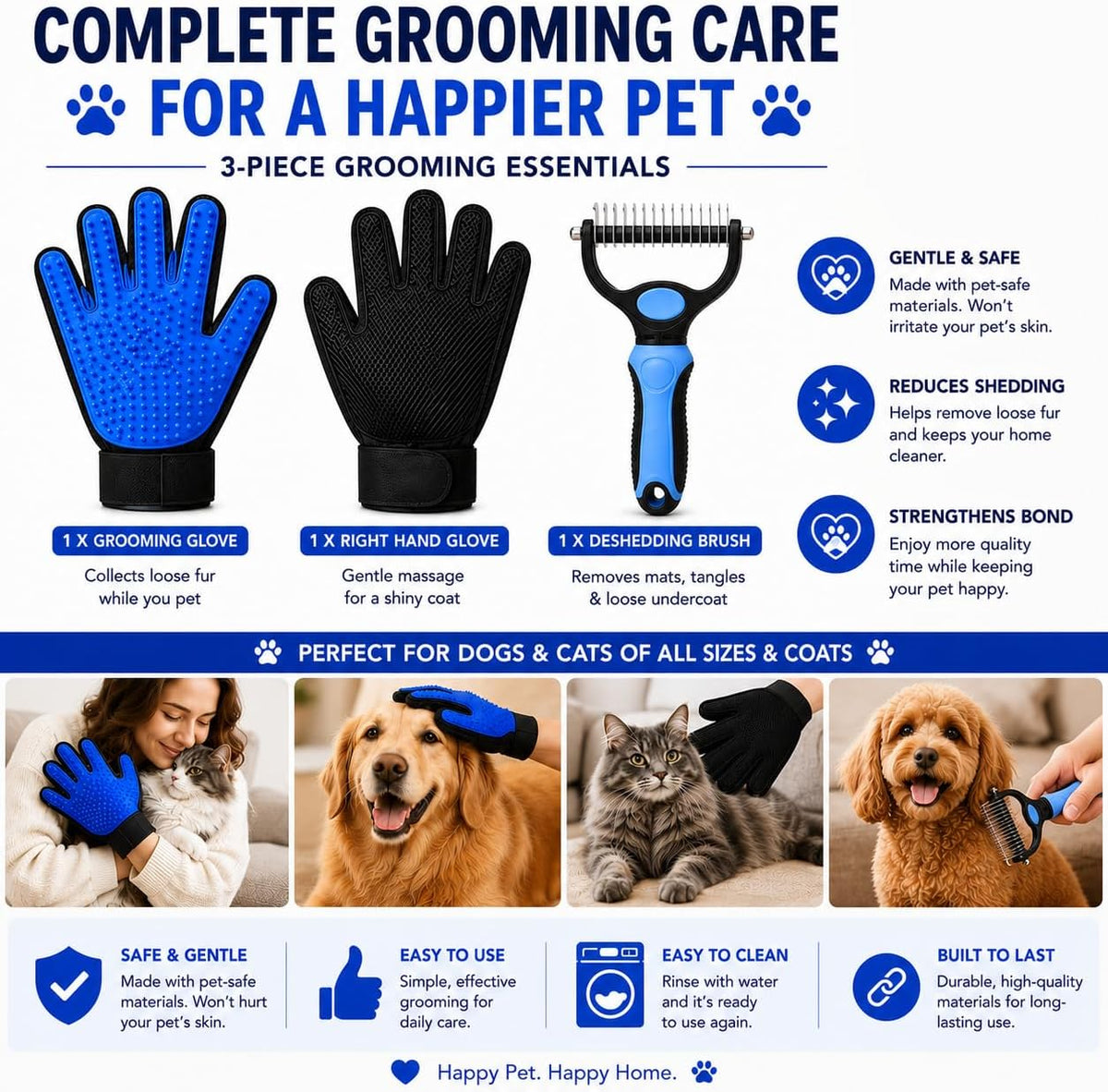 Pet Grooming Gloves for Dogs & Cats - 2-in-1 Deshedding Glove & Dematting Brush Set, Gentle Silicone Massage Mitt for Long & Short Hair, Professional Undercoat Rake