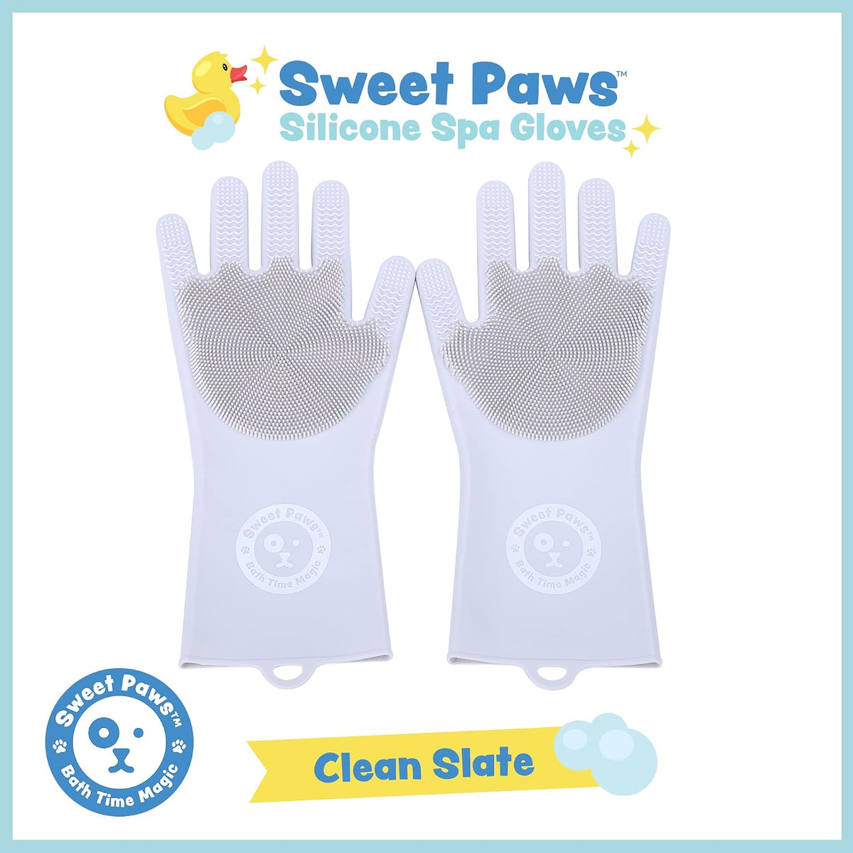 Sweet Paws Silicone Spa Dog & Cat Bathing & Grooming Gloves, 2 Count, Reversible, Nontoxic, & Easy to Clean, Thousands of Massaging Micro-bristles to Pamper Your Pet - Clean Slate