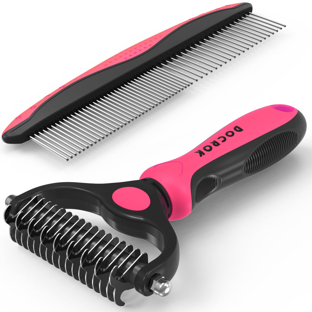 Docrok Pet Grooming Combo: Undercoat Rake, Dematting Deshedding Brush for Long-Haired Dogs and Cats, Black