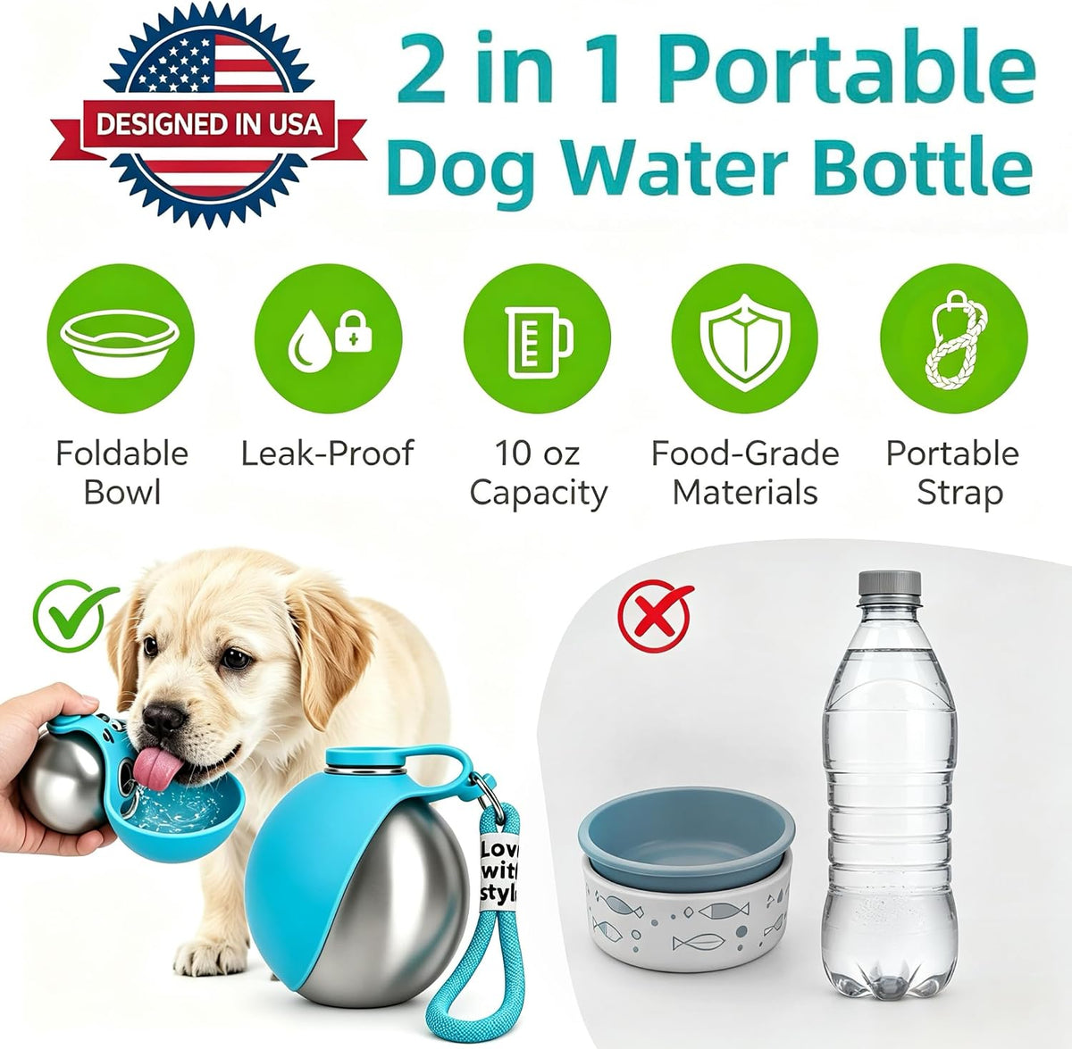 Dog Water Bottle Portable - 2 in 1 Stainless Steel Tumbler with Foldable Round Silicone Ball Bowl, 2-in-1 Leak-Proof Design for Dogs Pet Travel Walking Drinking（Blue）