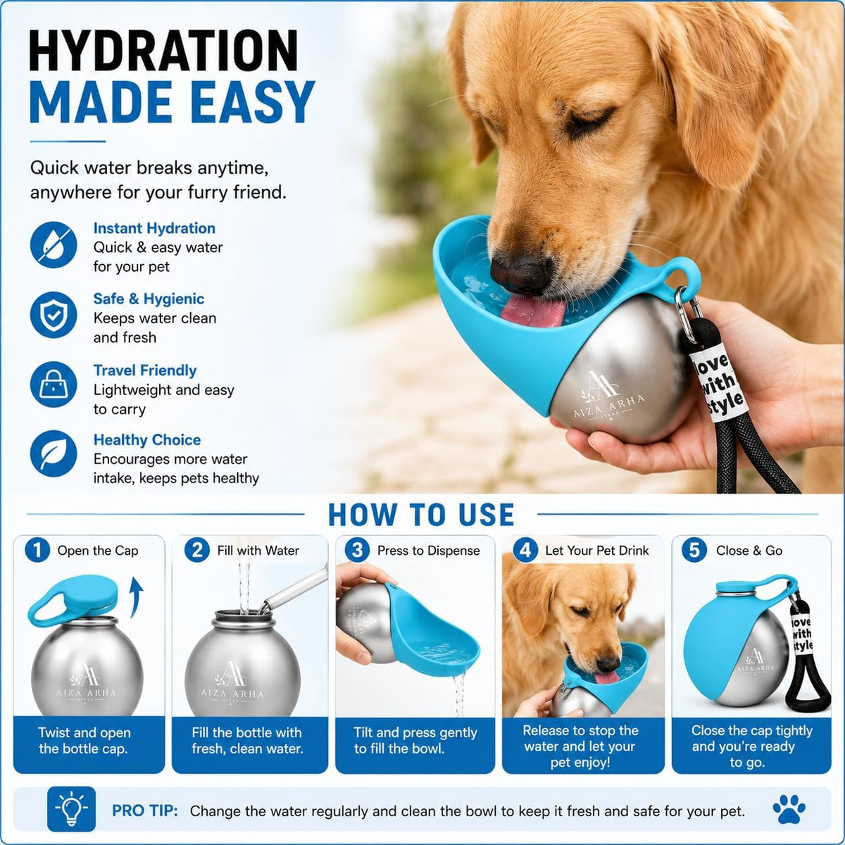 2 in 1 Portable Tumbler for Dogs, 2026 New 10oz Stainless Steel Dog Water Bottle with Silicone Foldable Bowl, Leak-Proof Portable Small Dog Water Bottle for Walking, Hiking & Travel (Blue)