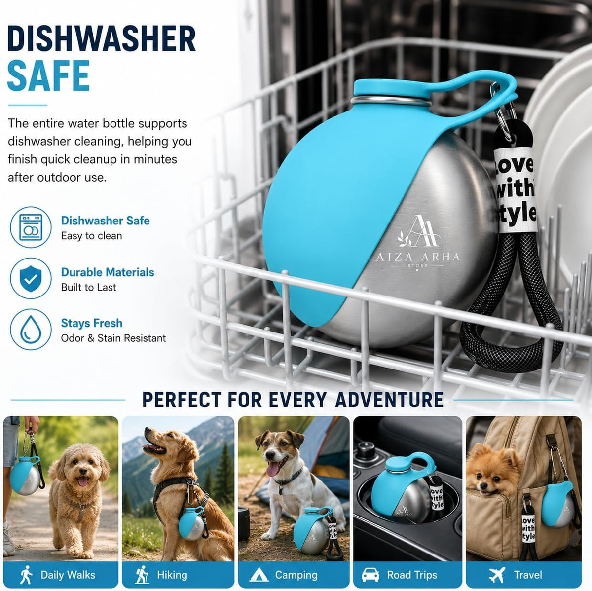 2 in 1 Portable Tumbler for Dogs, 2026 New 10oz Stainless Steel Dog Water Bottle with Silicone Foldable Bowl, Leak-Proof Portable Small Dog Water Bottle for Walking, Hiking & Travel (Blue)