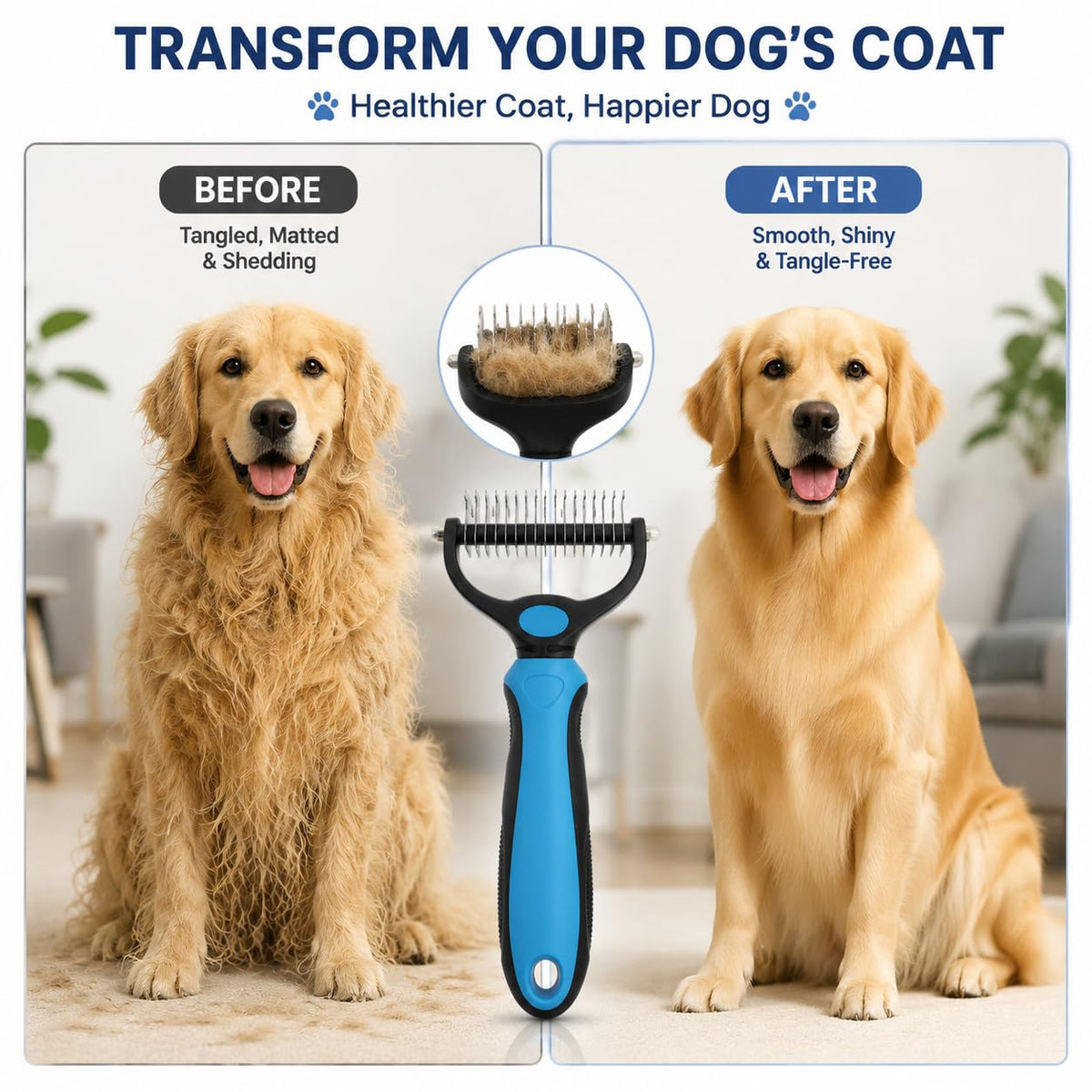 2-in-1 Undercoat Rake for Dogs & Cats, Double-Sided 9/17 Teeth Dematting Comb and Deshedding Brush for Long, Thick, Curly & Double Coats, Removes Loose Fur, Mats and Tangles（Blue-L)