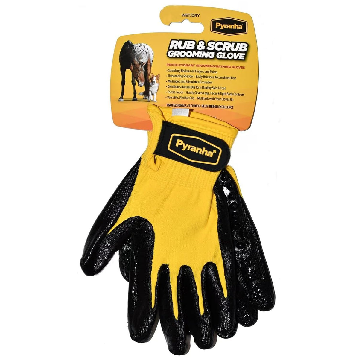 PYRANHA Rub & Scrub Grooming Gloves | Multipurpose Shedding & Bathing Tool with Scrubbing Nodules | Removes Hair, Cleans Coat & Massages Muscles | Use Wet or Dry