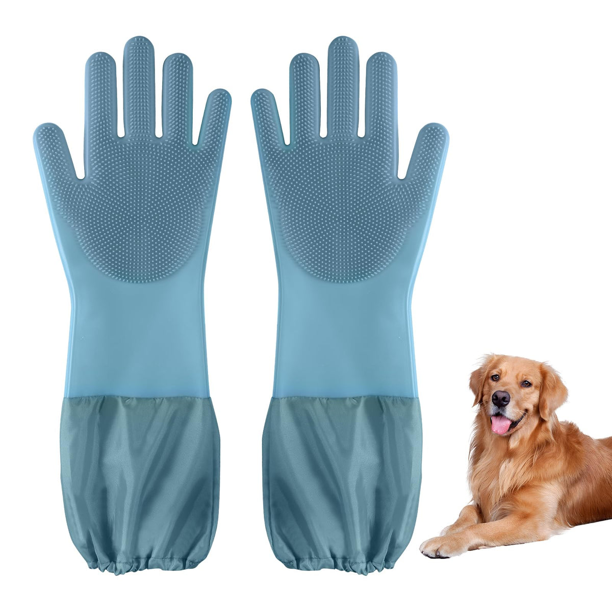 Dog washing gloves | Pet grooming gloves | Extra Long Arms 17.3in (blue)