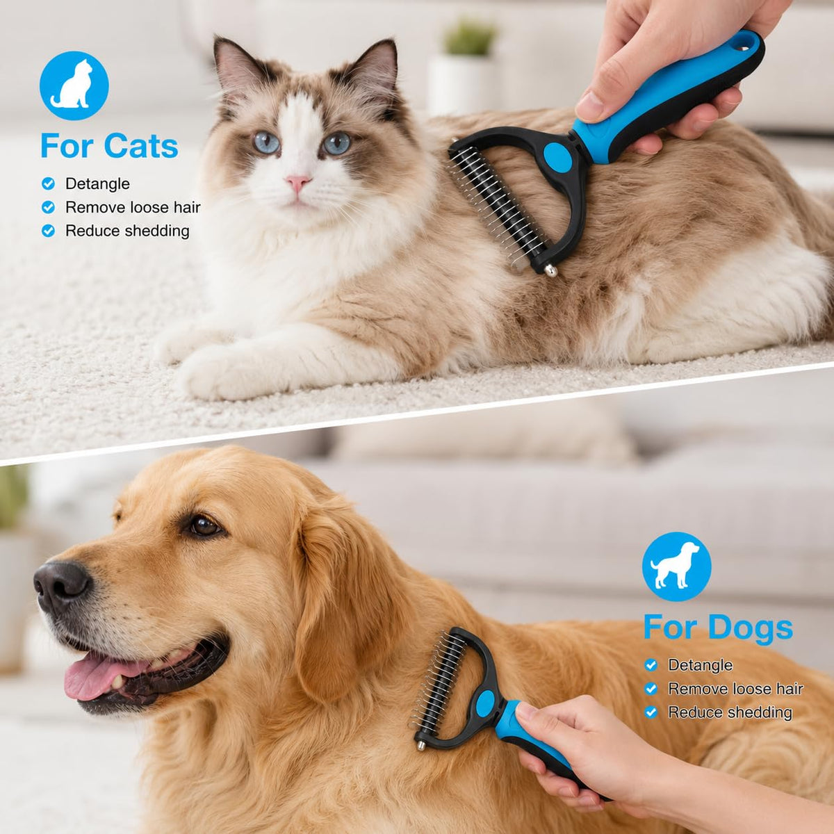 2-in-1 Undercoat Rake for Dogs & Cats, Double-Sided 9/17 Teeth Dematting Comb and Deshedding Brush for Long, Thick, Curly & Double Coats, Removes Loose Fur, Mats and Tangles（Blue-L)