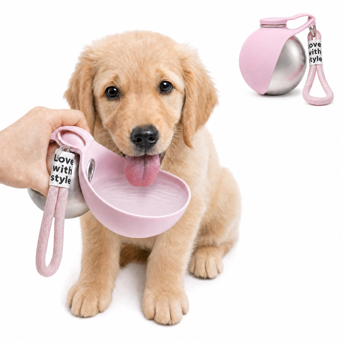 2 in 1 Portable Dog Water Bottle, 2026 New 10oz Spherical Stainless Steel Pet Bottle with Silicone Foldable Bowl,No-Spill Leak-Proof Design,Dog Water Bottle for Walking,Hiking & Travel & Camping-Pink