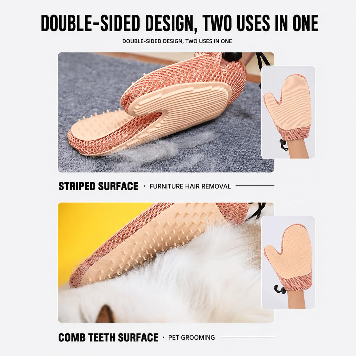 Pet Hair Removal Glove, Double-Sided Grooming Glove for Cats/Dogs/Fabric