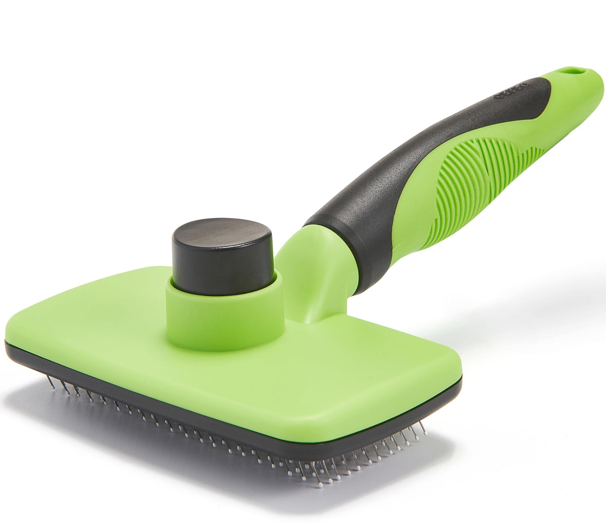 Self-Cleaning Slicker Brush for Dogs and Cats, Pet Grooming Brush for Shedding and Loose Fur, Stainless Steel Bristles, Textured Grip, Green
