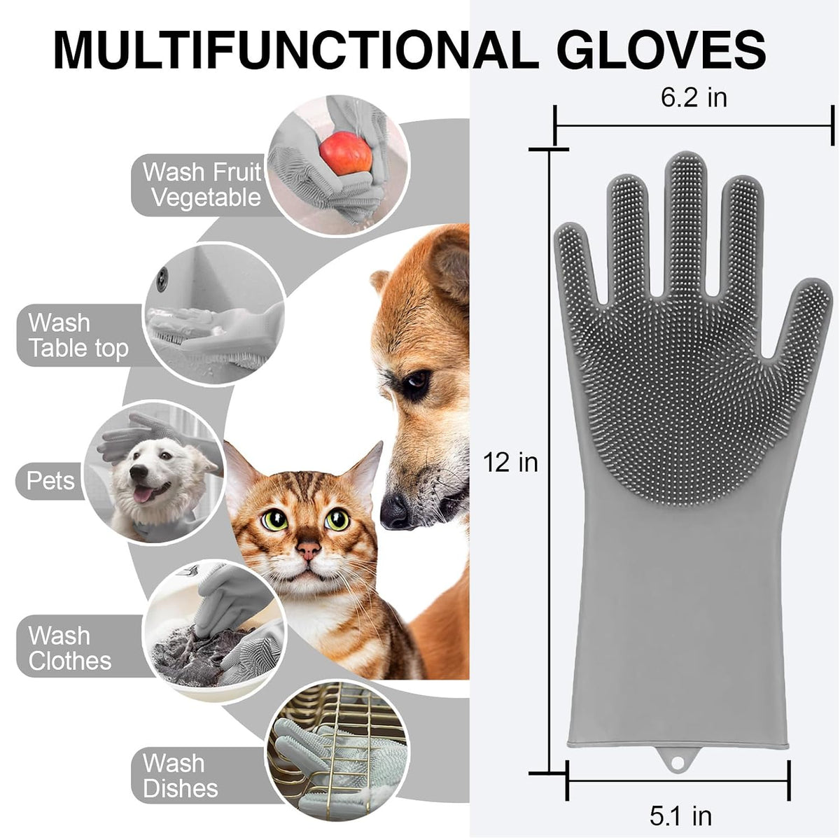 Pet Grooming Gloves, 5-Finger Silicone Dog Bath Scrubber with High-Density Teeth, Reusable Washing Massage Gloves for Dogs & Cats（Grey）