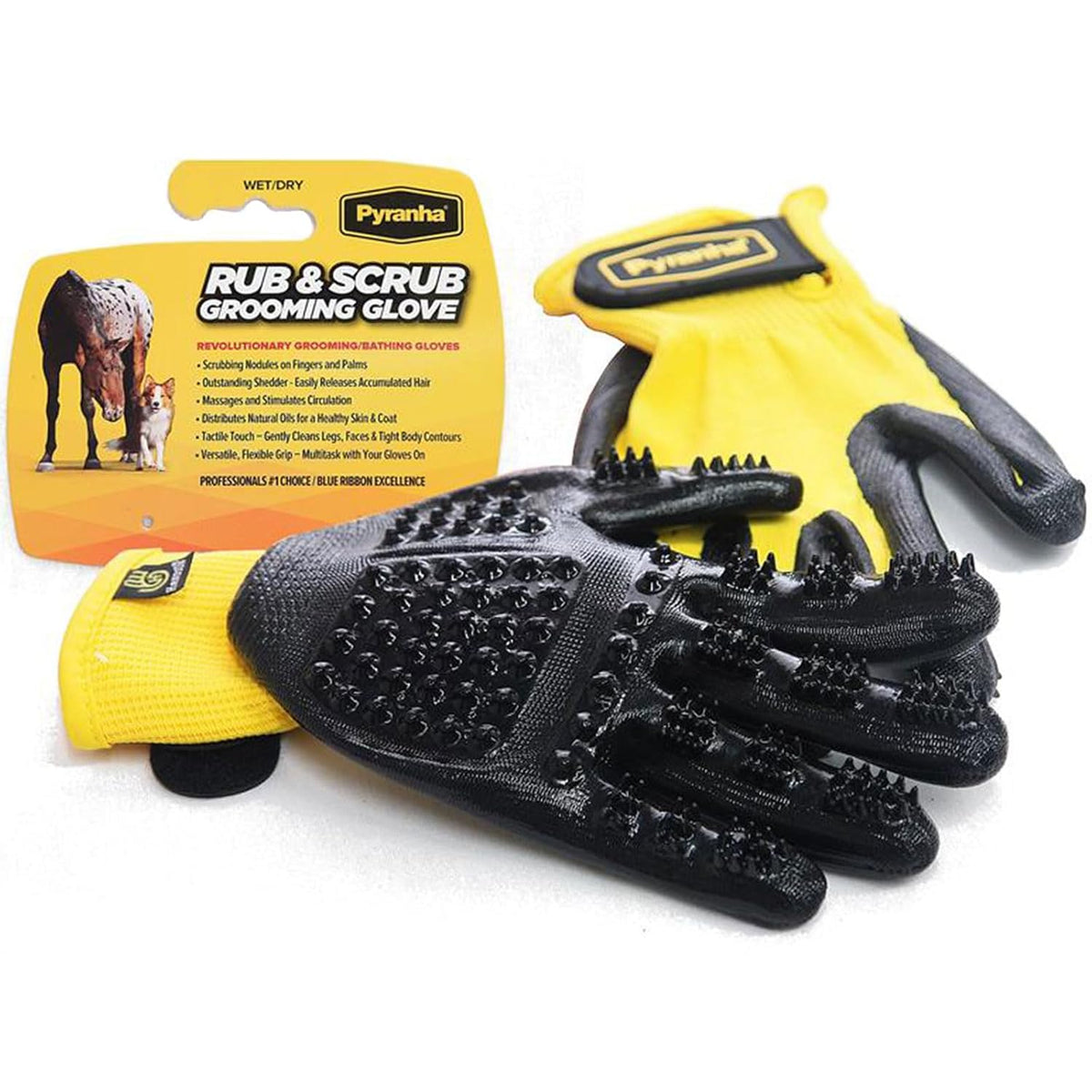 PYRANHA Rub & Scrub Grooming Gloves | Multipurpose Shedding & Bathing Tool with Scrubbing Nodules | Removes Hair, Cleans Coat & Massages Muscles | Use Wet or Dry