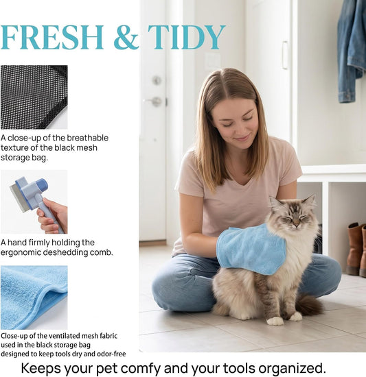 5-Piece Dog Grooming & Bathing Kit – Silicone Glove, Bath Brush, Deshedding Comb, Drying Towel & Storage Bag for Dogs & Cats