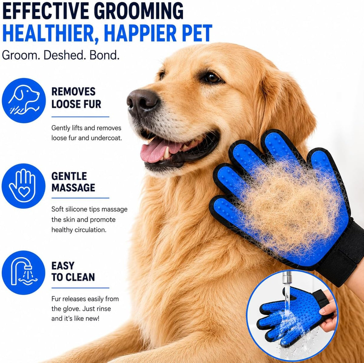 Pet Grooming Gloves for Dogs & Cats - 2-in-1 Deshedding Glove & Dematting Brush Set, Gentle Silicone Massage Mitt for Long & Short Hair, Professional Undercoat Rake