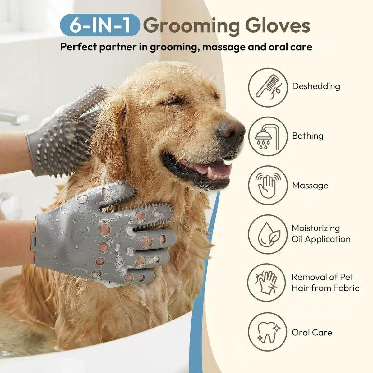 Pet Grooming Gloves for Cats & Dogs, Silicone Pet Hair Removal Glove for Bathing, Shedding & Massage, Gentle Cat & Dog Grooming Glove for Long & Short Hair Pets（Grey-Large）