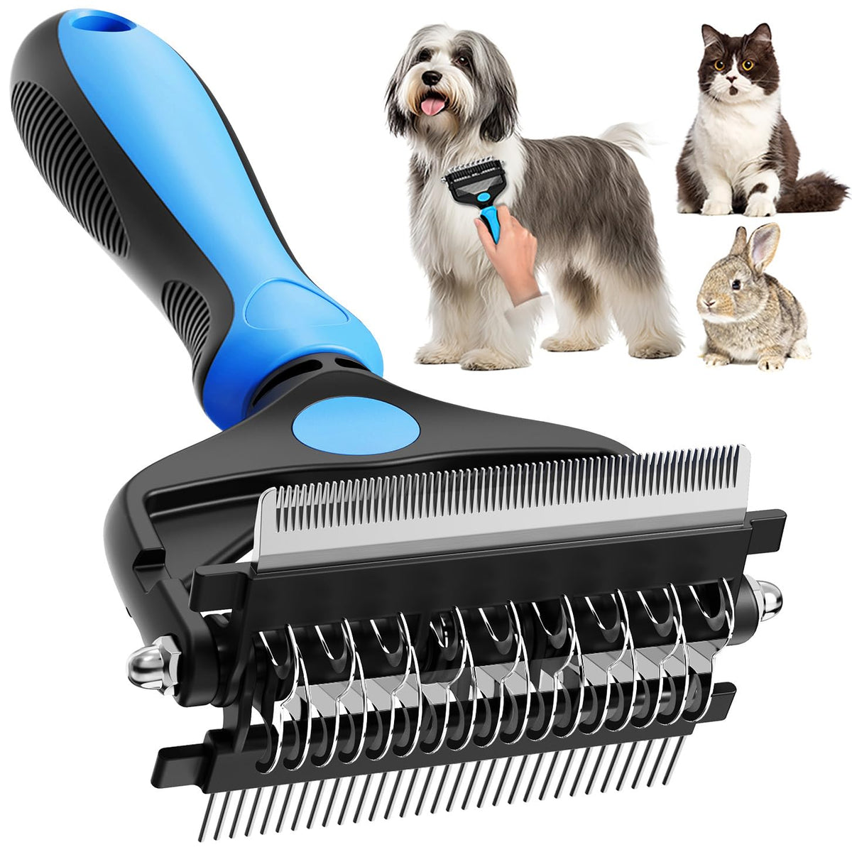 3-in-1 Professional Pet Grooming Brush for Dogs & Cats – Dematting Comb, Undercoat Rake & Deshedding Tool for Long & Short Hair, Heavy Shedding & Matted Fur (Blue)