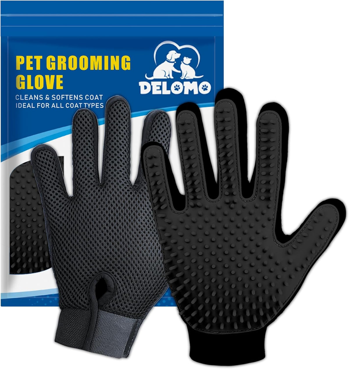 Pet Hair Removal Glove with 255 Silicone Tips for Dogs & Cats, 1 Pair Black