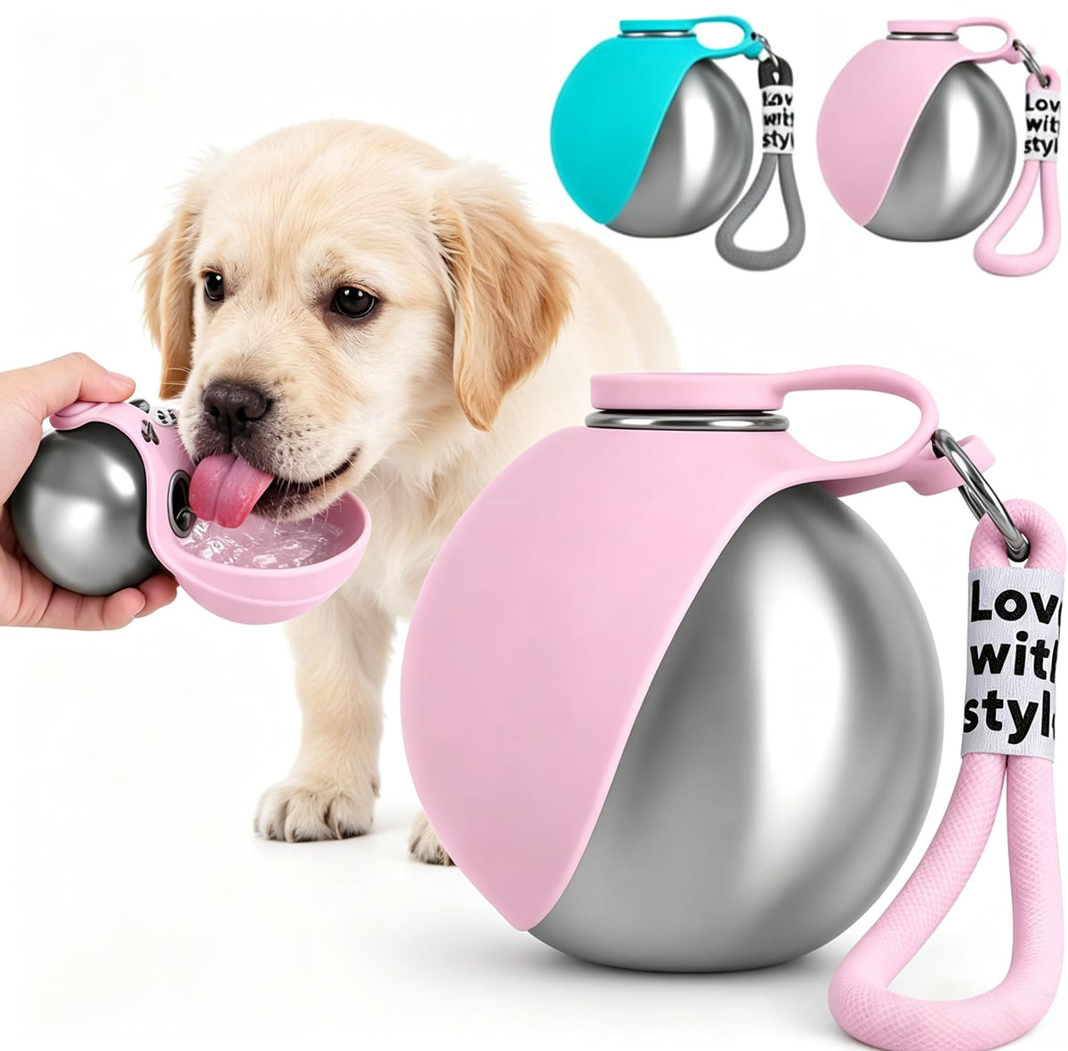 Dog Water Bottle Portable - 2 in 1 Stainless Steel Tumbler with Foldable Round Silicone Ball Bowl, 2-in-1 Leak-Proof Design for Dogs Pet Travel Walking Drinking（Blue）