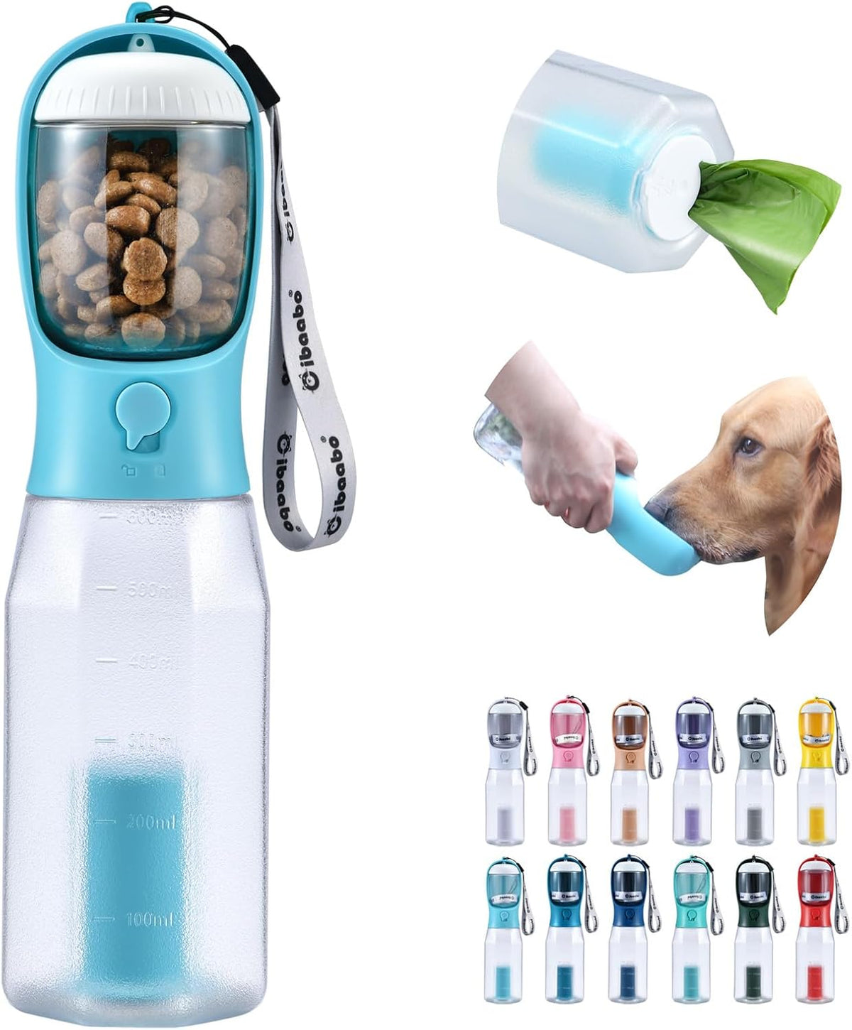 Cibaabo Dog Water Bottle with Food Container & Poop Bag Holder & Filter