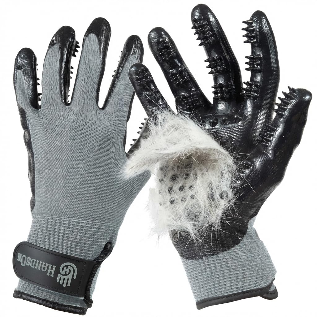 H HANDSON Pet Grooming Gloves - Patented #1 Ranked, Award Winning Shedding, Bathing, & Hair Remover Gloves - Gentle Brush for Cats, Dogs, and Horses (Black, Large)