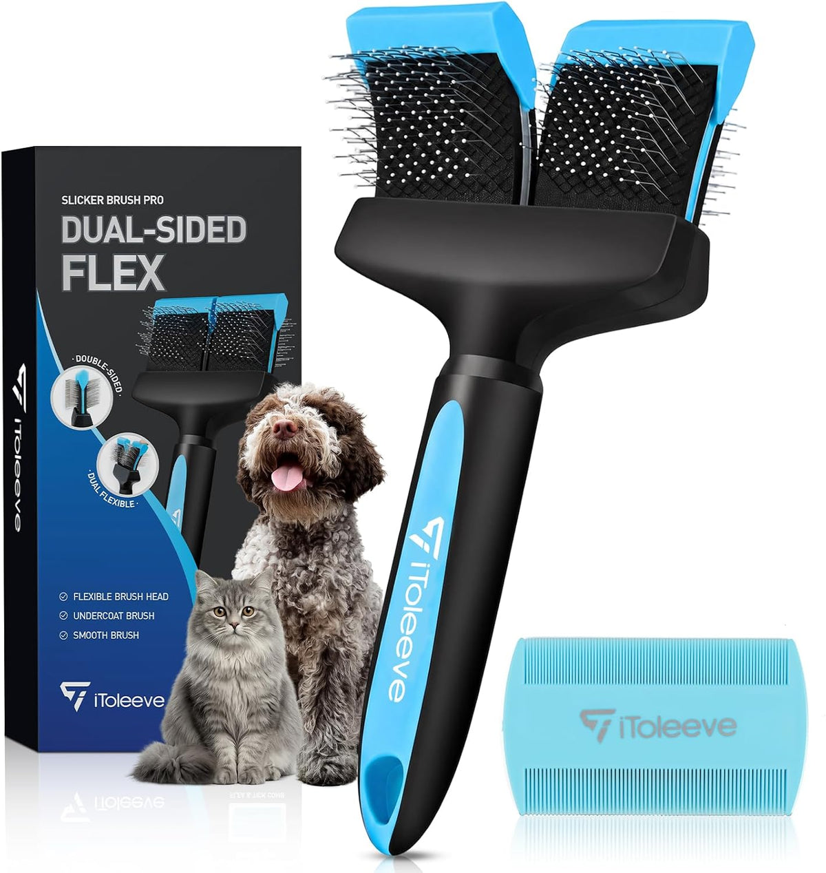 iToleeve Dual Flexible Head Slicker Brush, Round Tipped Pins, Skin Friendly