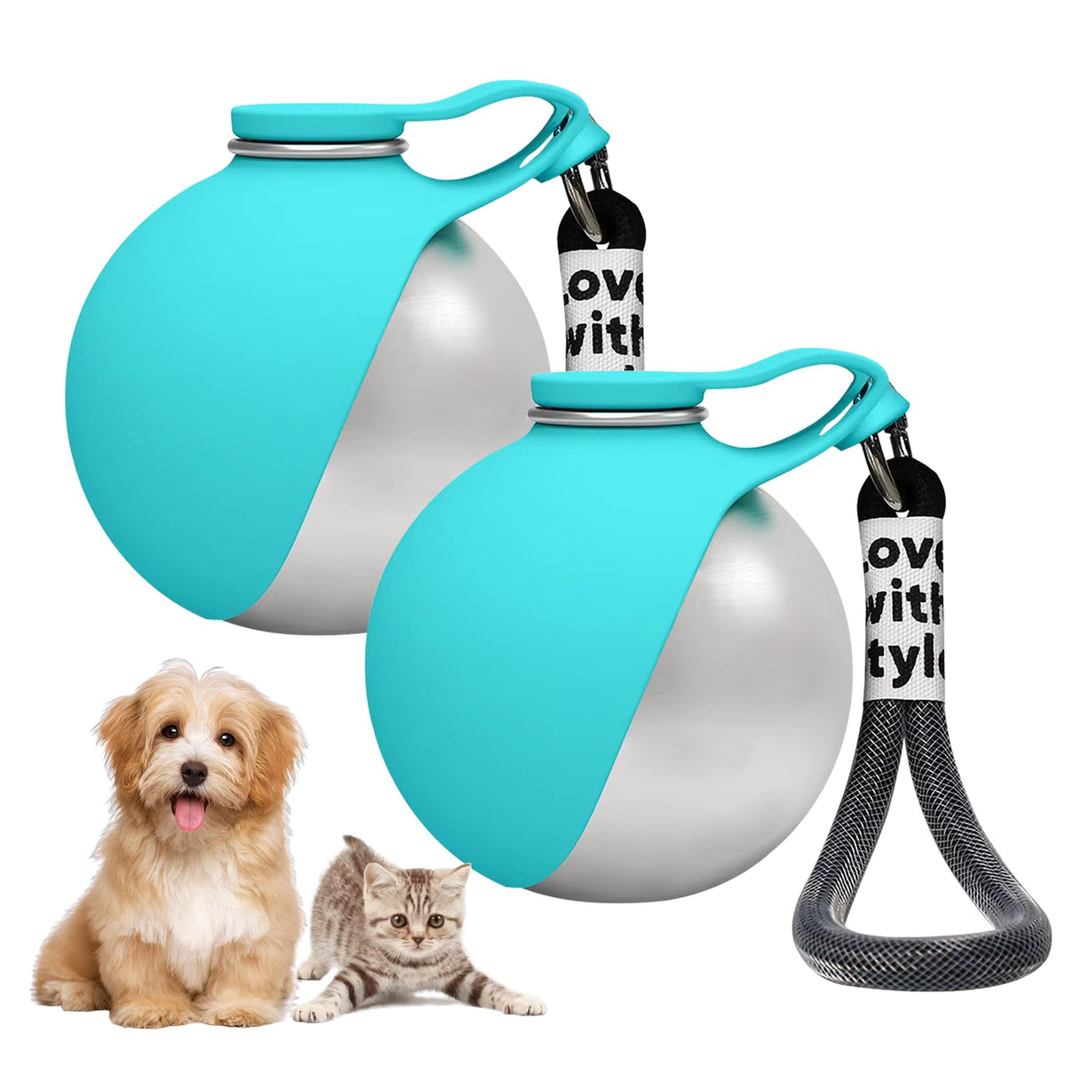 2 in 1 Portable Dog Water Bottle, 10oz Stainless Steel Leak Proof Pet Water Bottle with Foldable Silicone Bowl, Outdoor Travel Water Bottle for Dogs Walking Hiking Camping, 2 Pack Pink