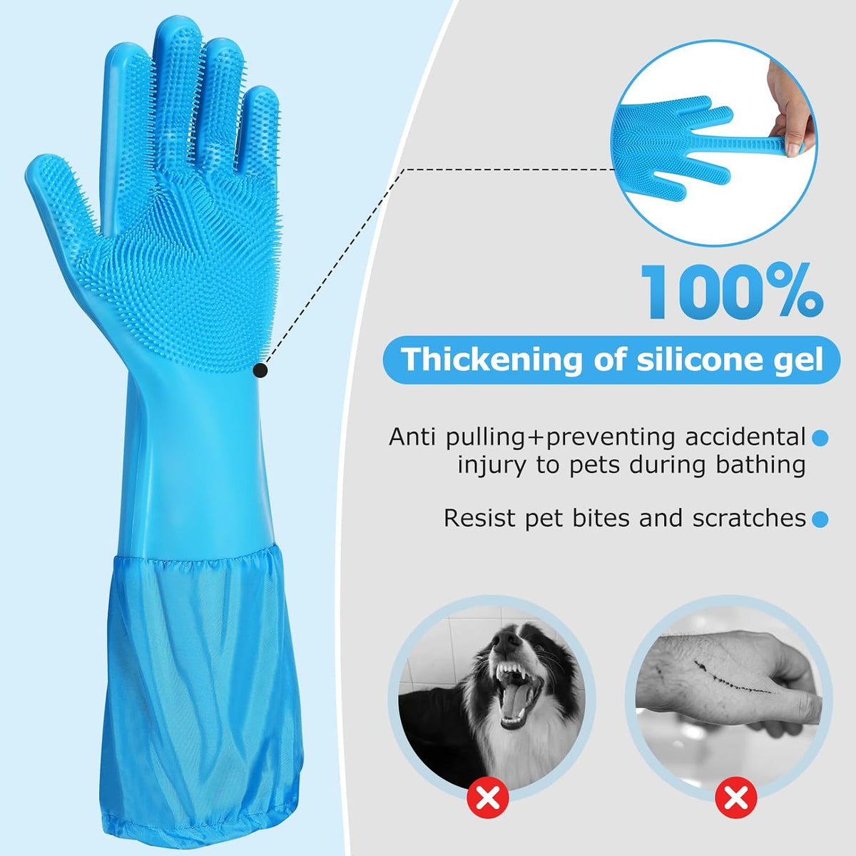 Dog washing gloves | Pet grooming gloves | Extra Long Arms 17.3in (blue)