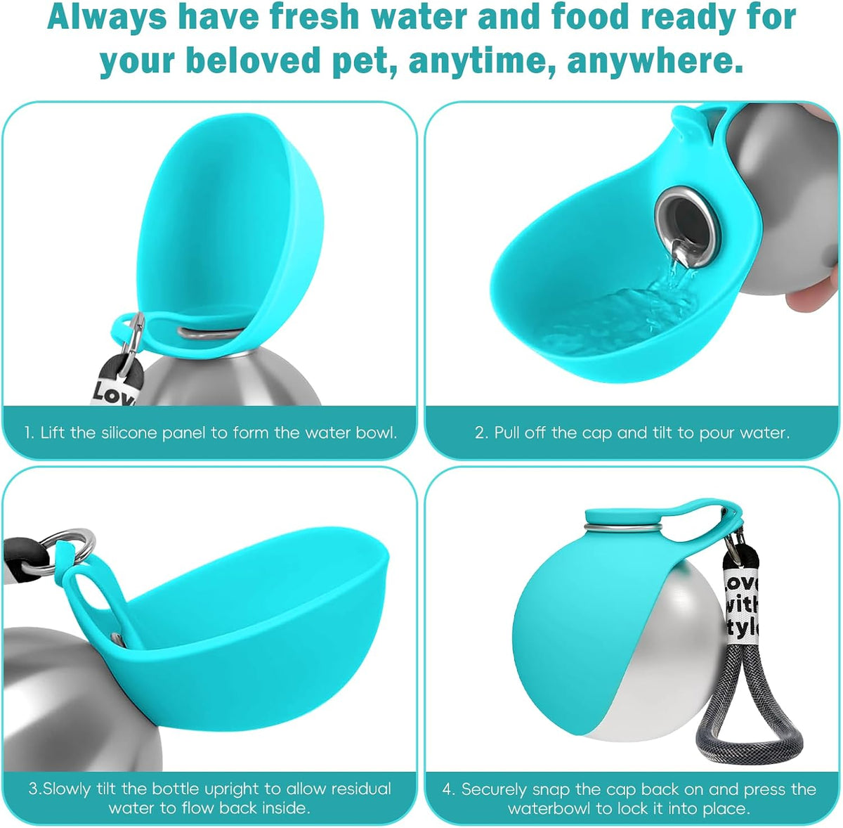 2 in 1 Portable Dog Water Bottle, 10oz Stainless Steel Leak Proof Pet Water Bottle with Foldable Silicone Bowl, Outdoor Travel Water Bottle for Dogs Walking Hiking Camping, 2 Pack Pink