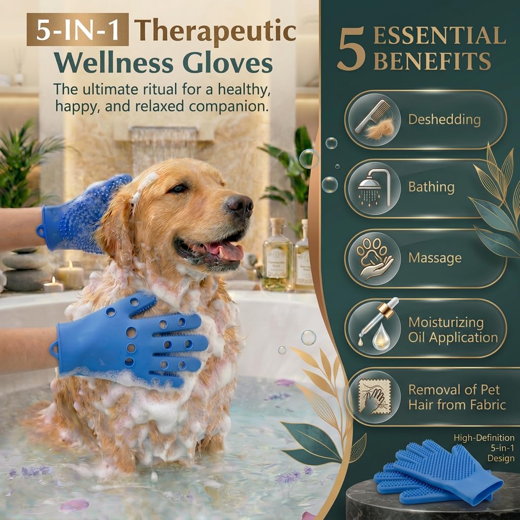 Pet Grooming Gloves for Cats & Dogs – Silicone Hair Removal Glove for Bathing, Shedding & Massage – Gentle Mitt for Long & Short Hair Pets with Drainage System