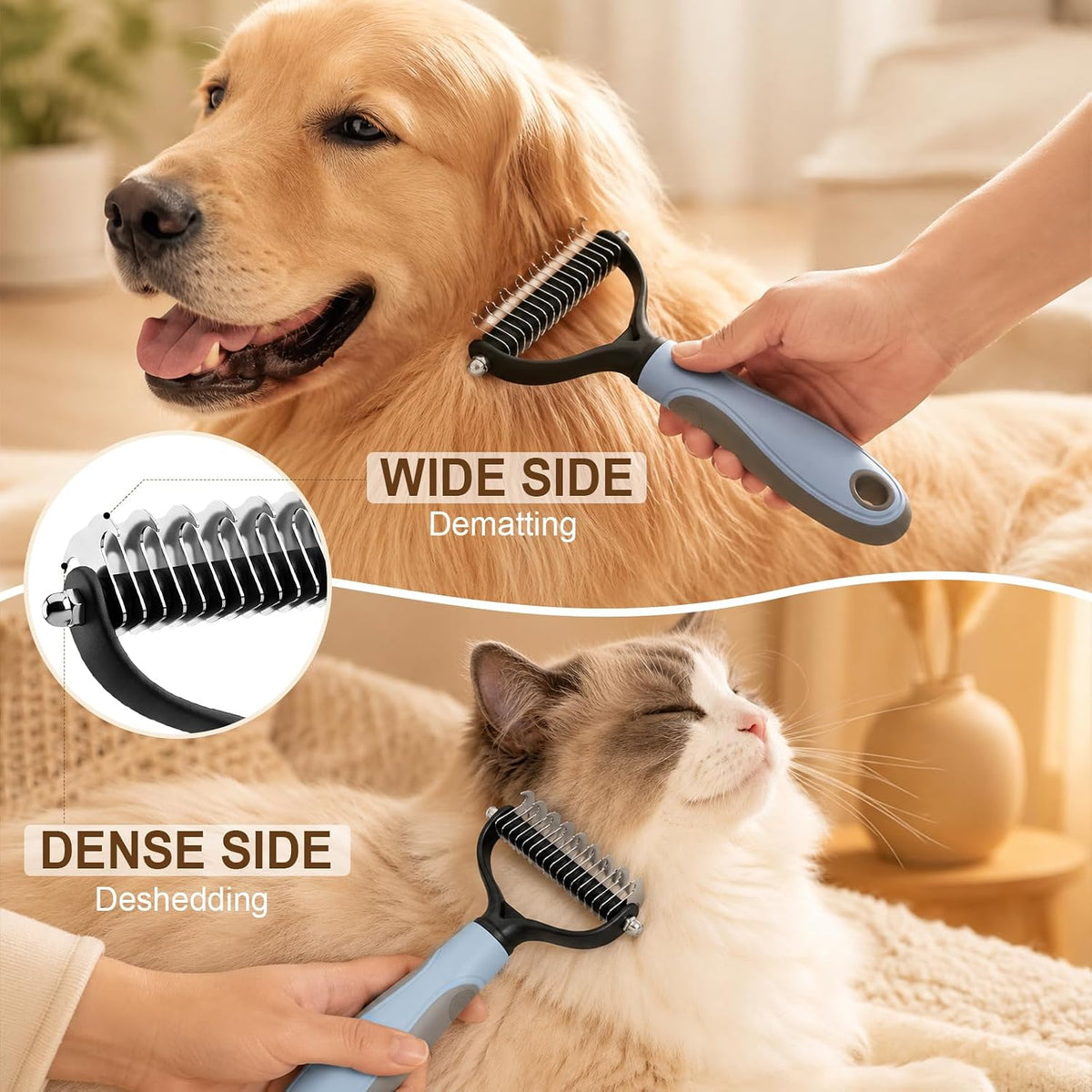 2Pcs Pet Grooming Brush, Pet Knotter Dog Grooming, Deshedding Dog Brush Removes Tangles Knots and Loose Fur, Pets Knotting Comb, Pe t Pro Double Sided Shedding Brush (Blue+Pink)