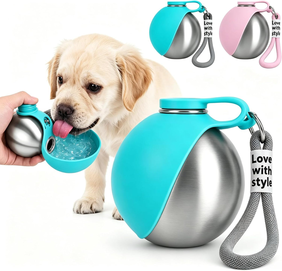 Dog Water Bottle Portable - 2 in 1 Stainless Steel Tumbler with Foldable Round Silicone Ball Bowl, 2-in-1 Leak-Proof Design for Dogs Pet Travel Walking Drinking（Blue）