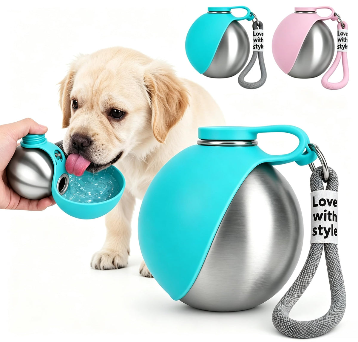 Dog Water Bottle Portable - 2 in 1 Stainless Steel Tumbler with Foldable Round Silicone Ball Bowl, 2-in-1 Leak-Proof Design for Dogs Pet Travel Walking Drinking（Blue）