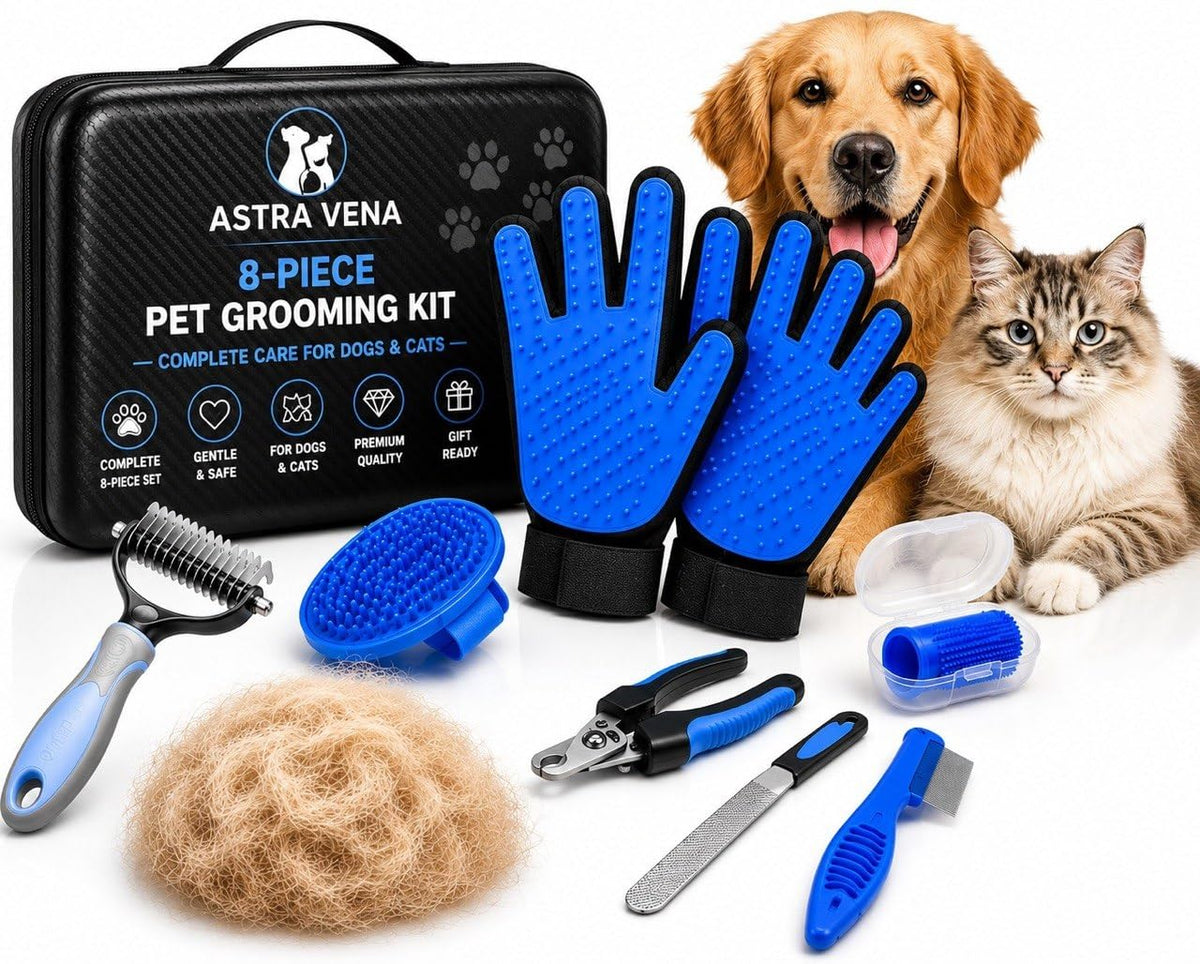 3-in-1 Pet Grooming Kit – Pet Deshedding Glove, 360° Silicone Finger Toothbrush, and Professional Dog Nail Clippers with File – Complete Grooming Set for Cats & Dogs with Short or Long Fur