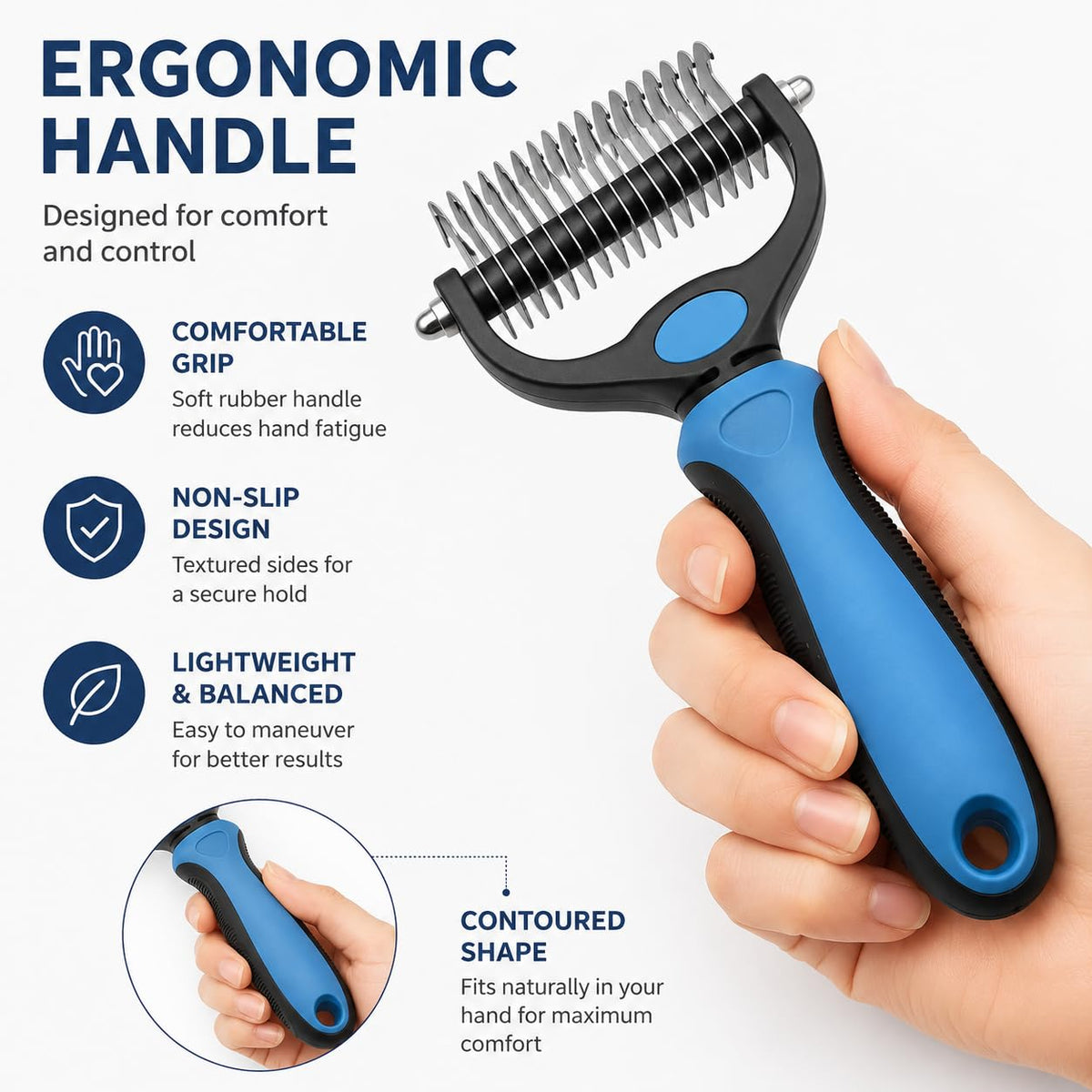 2-in-1 Undercoat Rake for Dogs & Cats, Double-Sided 9/17 Teeth Dematting Comb and Deshedding Brush for Long, Thick, Curly & Double Coats, Removes Loose Fur, Mats and Tangles（Blue-L)