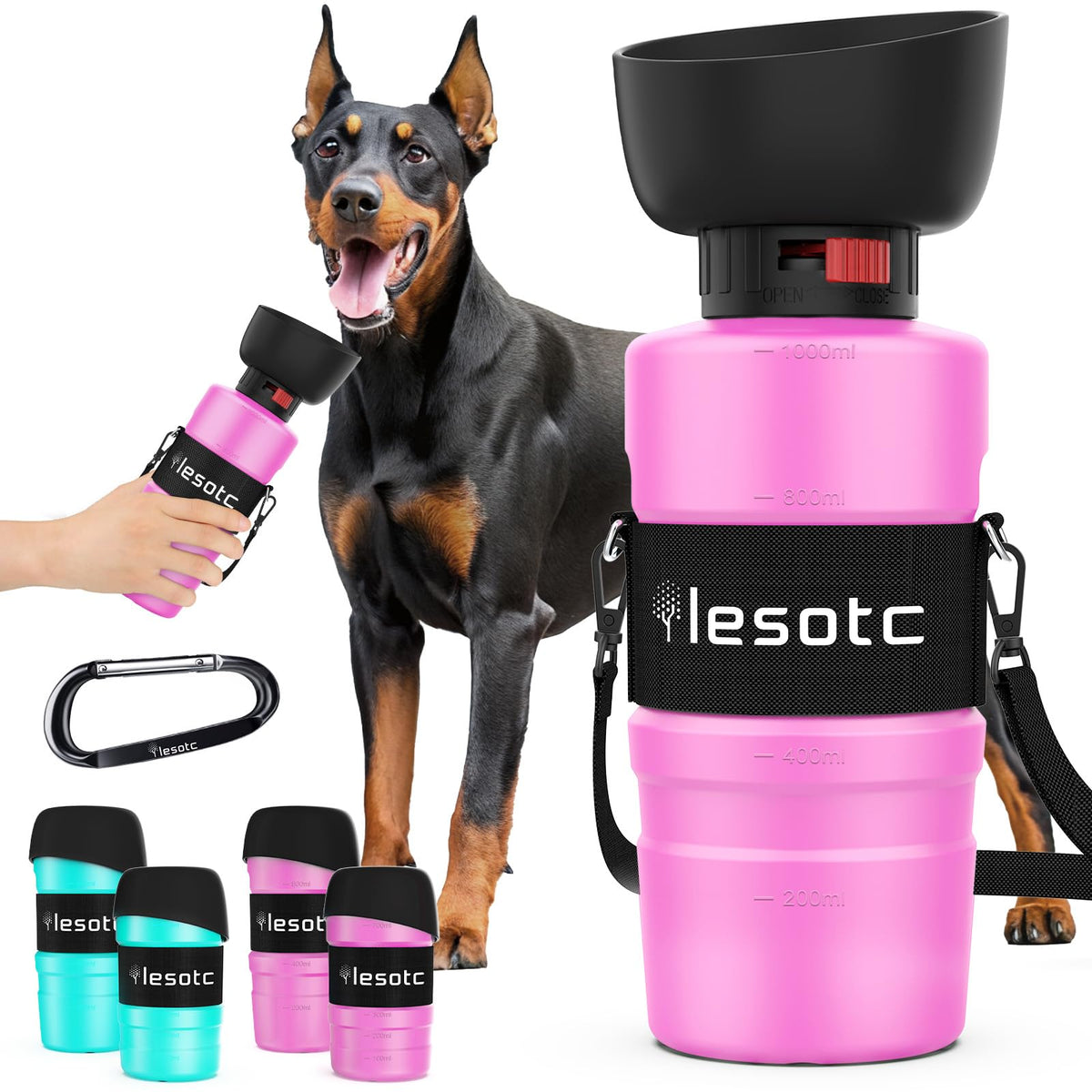 lesotc Dog Water Bottle, Portable Pet Dispenser with Water Bowl, Leak Proof Pet Travel Squeeze Bottle, Puppy Essentials Dog Stuff Accessories for Outdoor Walking, Hiking, Camping