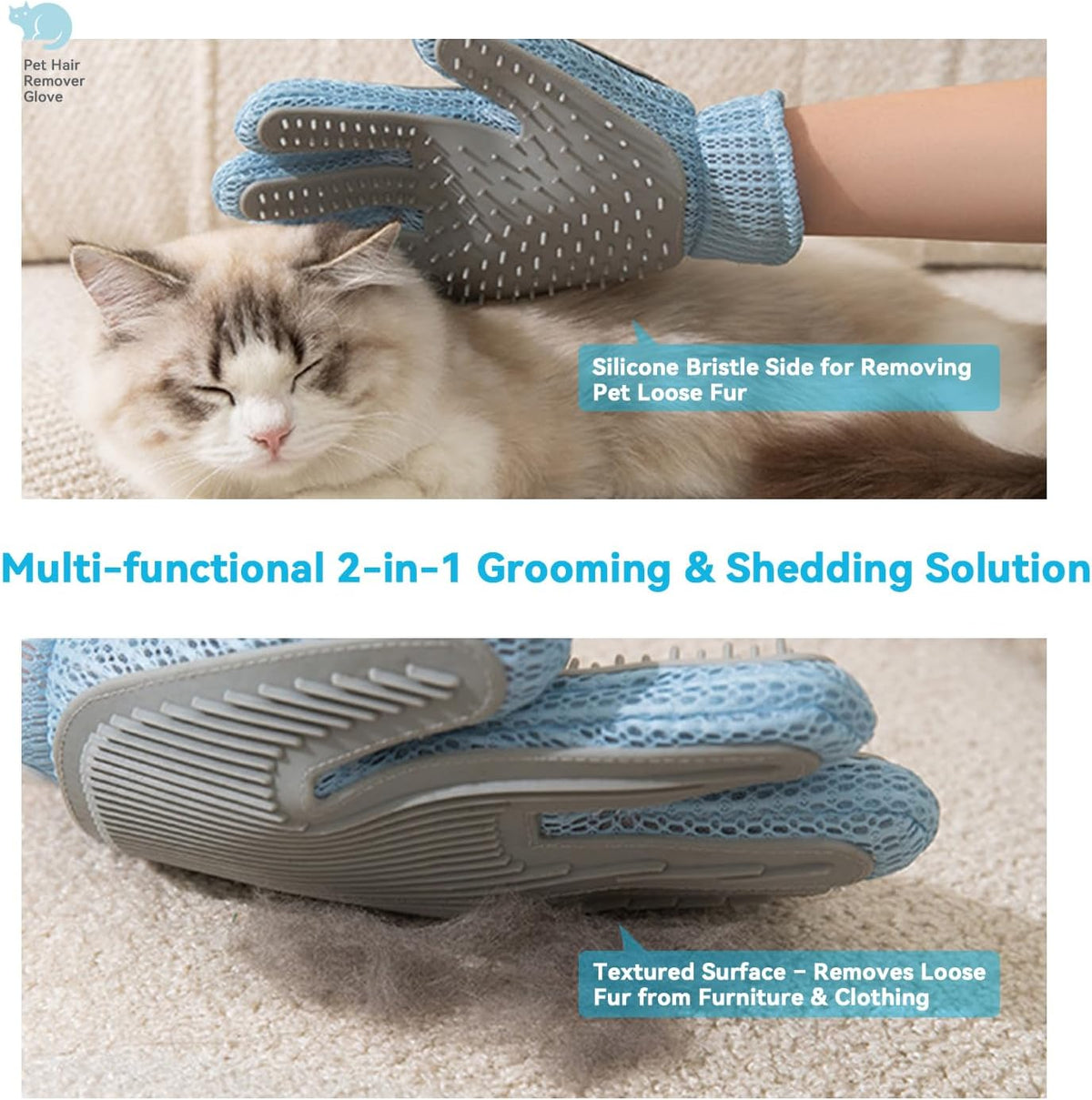 Cat Grooming Gloves, Upgraded 2-in-1 Double-Sided, 1 Count