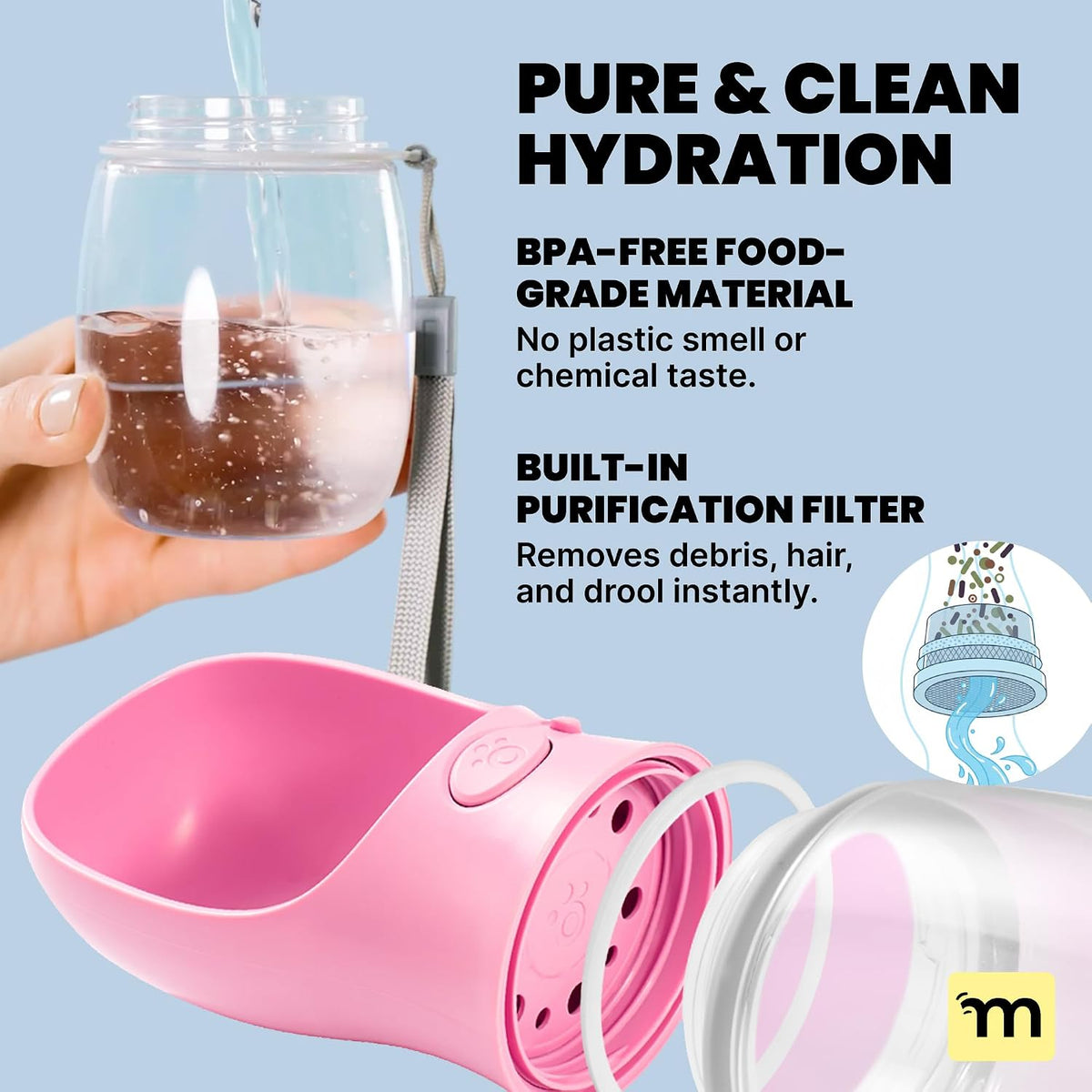 MalsiPree On the Go Dog Water Bottle - 12 oz Pink, Leak-Proof