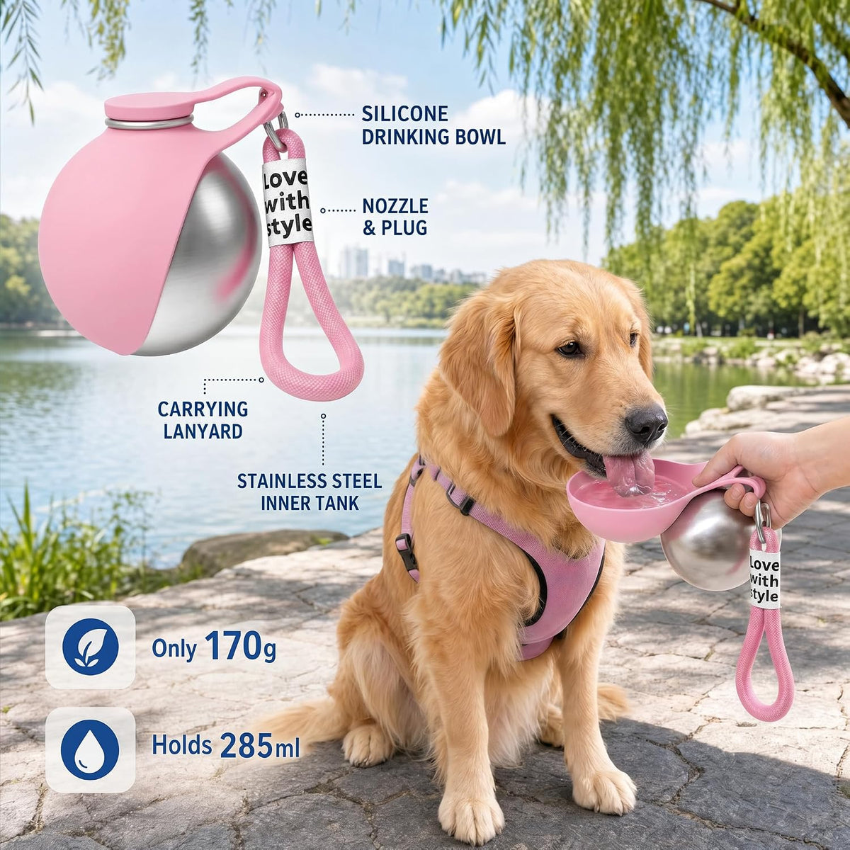 2 in 1 Portable Dog Water Bottle, 2026 New 10oz Spherical Stainless Steel Pet Bottle with Silicone Foldable Bowl,No-Spill Leak-Proof Design,Dog Water Bottle for Walking,Hiking & Travel & Camping-Pink