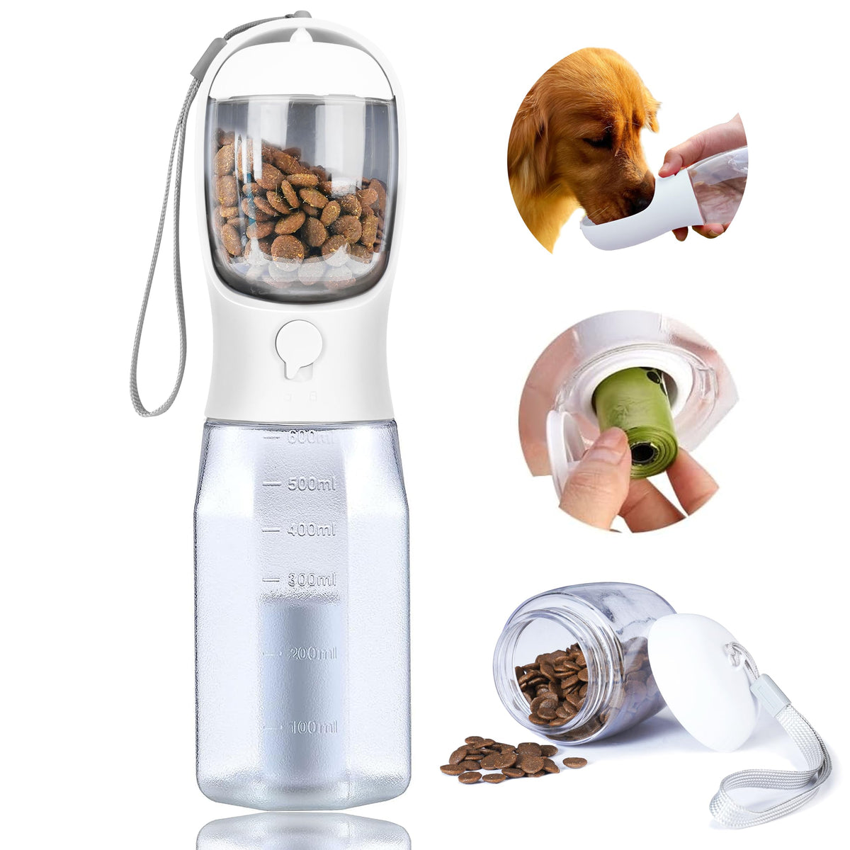 Dog Water Bottle with Food Container, Portable Pet Dog Water Dispenser for Outdoor Walking,Hiking,Travel,Puppy Essentials,Puppy Supplies,Replaceable Waste Bags