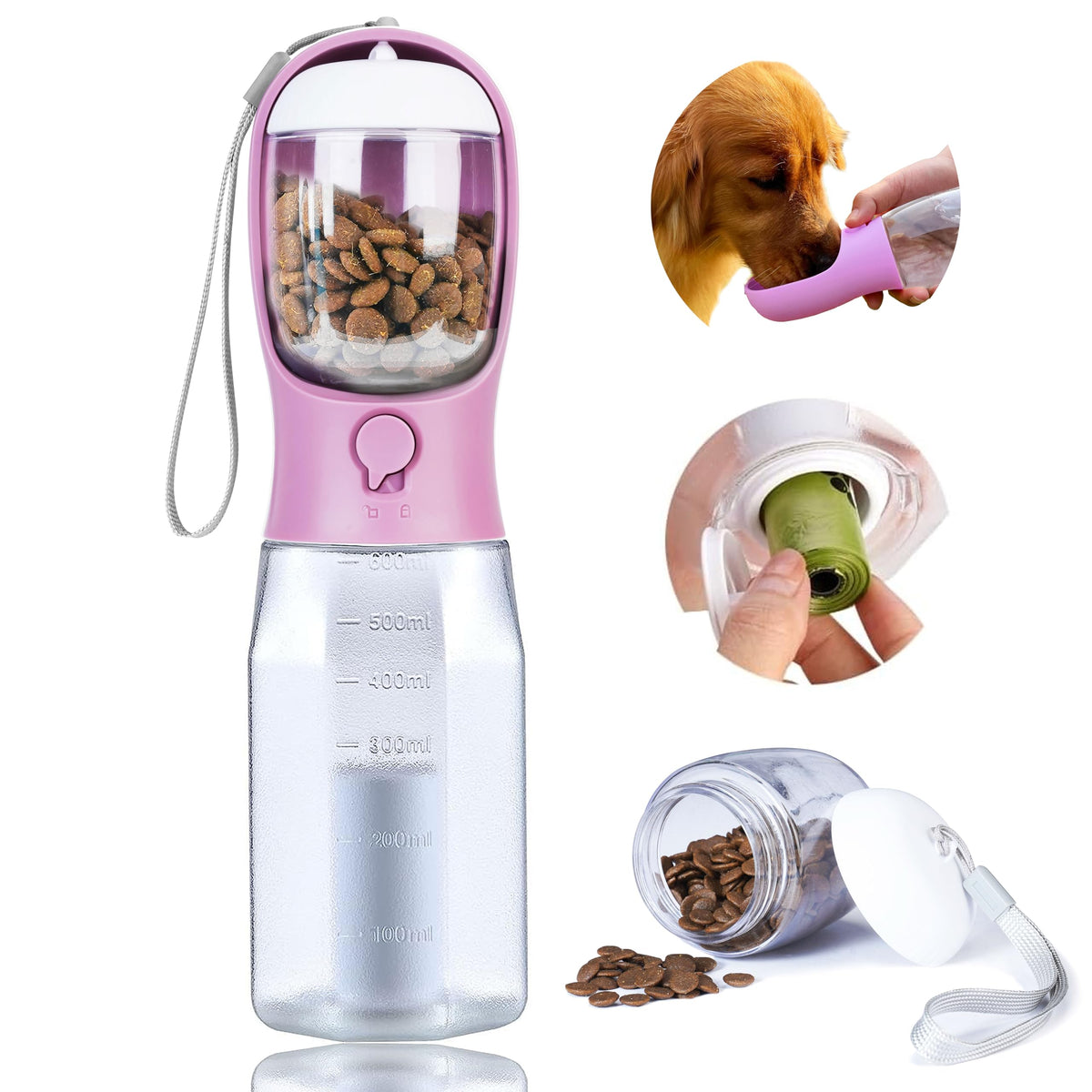 Dog Water Bottle with Food Container, Portable Pet Dog Water Dispenser for Outdoor Walking,Hiking,Travel,Puppy Essentials,Puppy Supplies,Replaceable Waste Bags