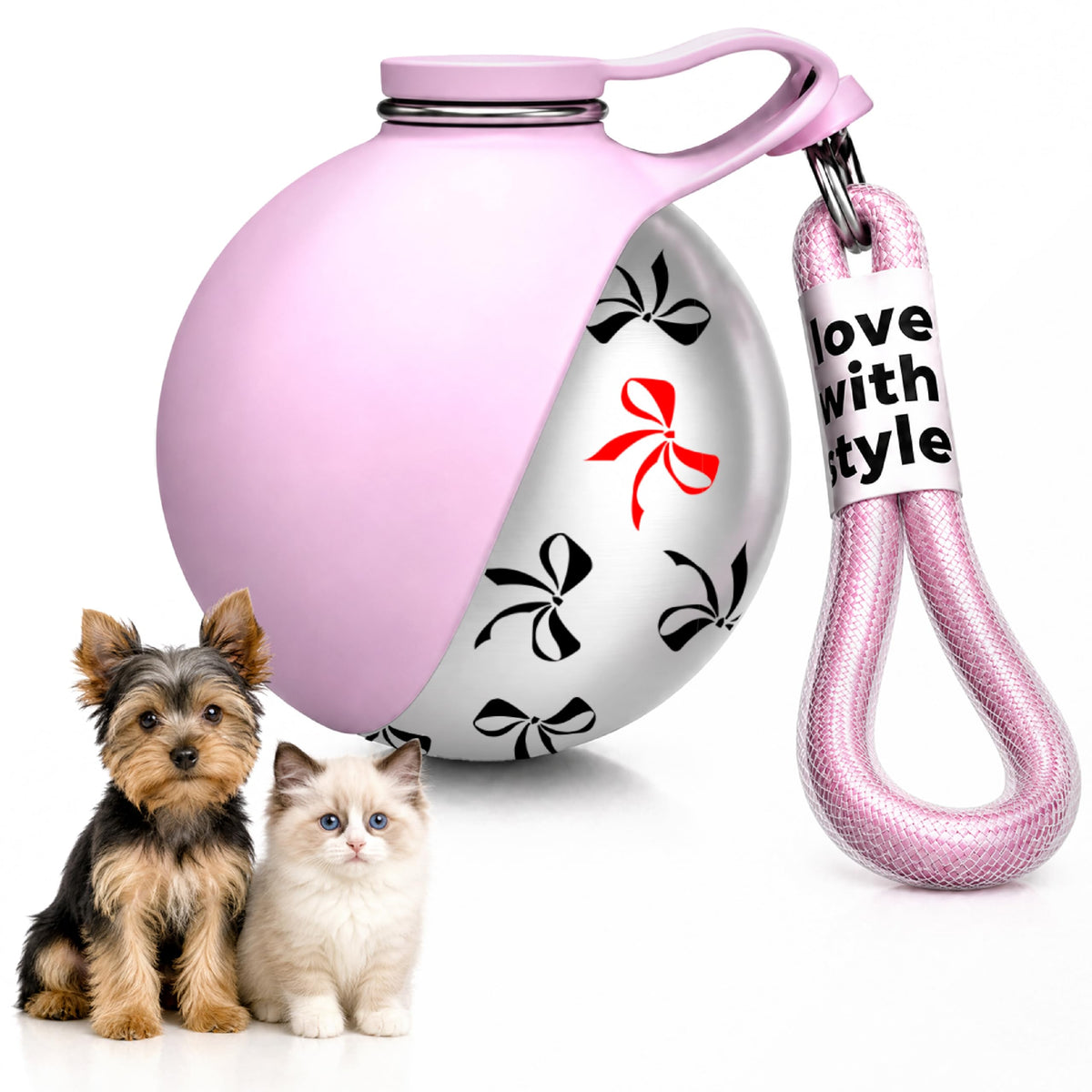 Portable Dog Water Bottle for Walking, 10oz Stainless Steel Pet Water Dispenser with Foldable Silicone Bowl, Leak-Proof Puppy Water Bottle for Small Dogs&Cats,Travel Hiking Outdoor Use(Blue Bow Print)