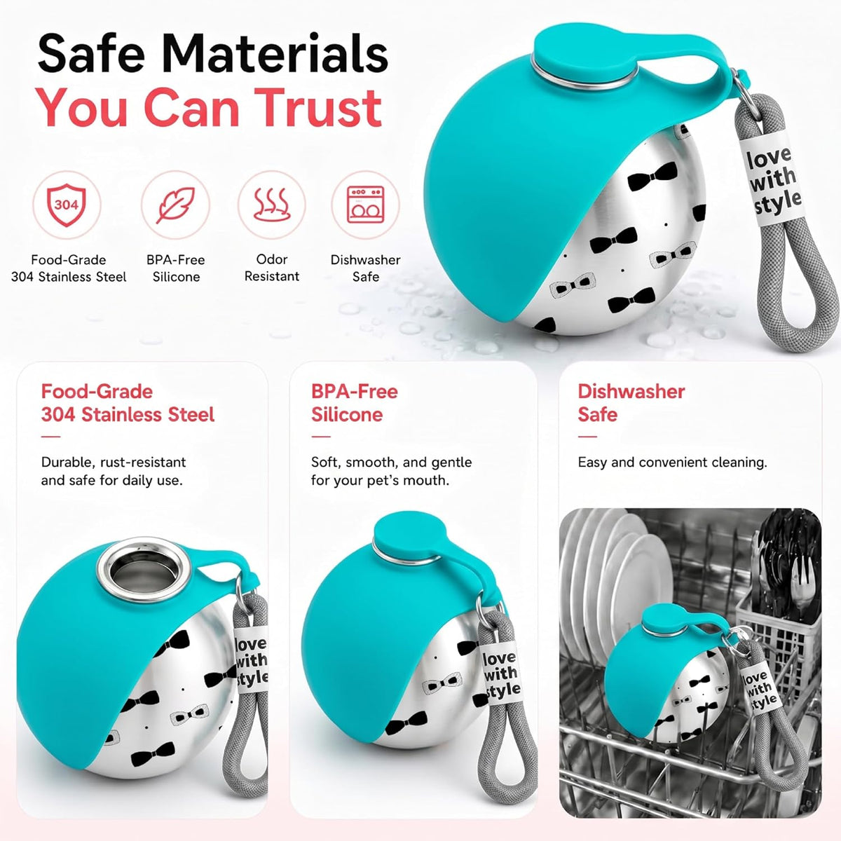 Portable Dog Water Bottle for Walking, 10oz Stainless Steel Pet Water Dispenser with Foldable Silicone Bowl, Leak-Proof Puppy Water Bottle for Small Dogs&Cats,Travel Hiking Outdoor Use(Blue Bow Print)