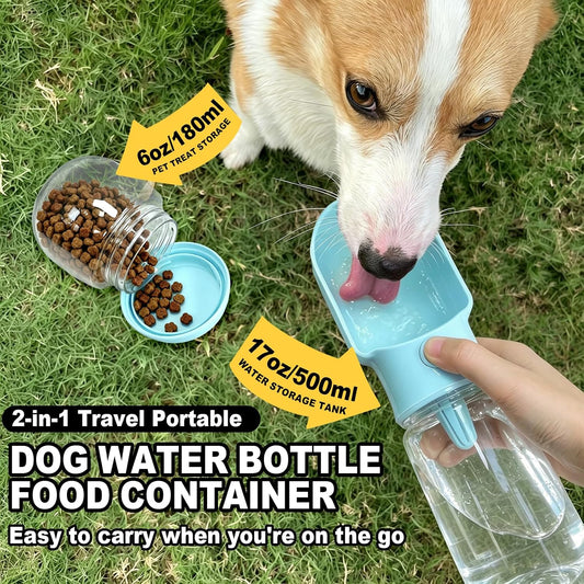Blue Large Portable Dog Water Bottle(17oz) with Food Container
