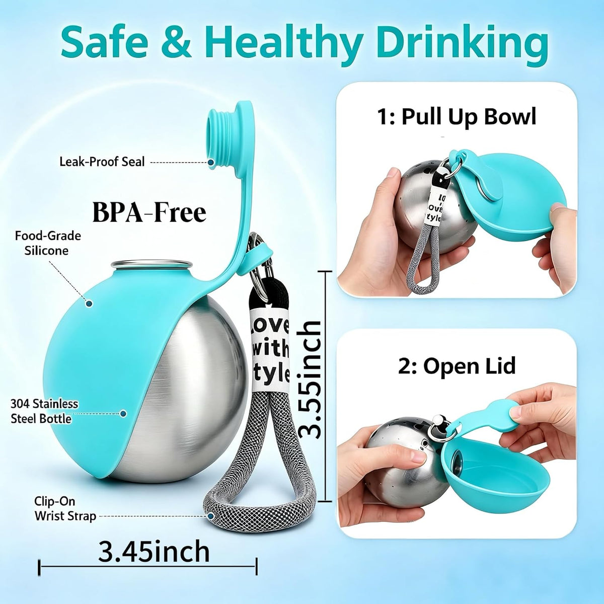 Dog Water Bottle Portable - 2 in 1 Stainless Steel Tumbler with Foldable Round Silicone Ball Bowl, 2-in-1 Leak-Proof Design for Dogs Pet Travel Walking Drinking（Blue）