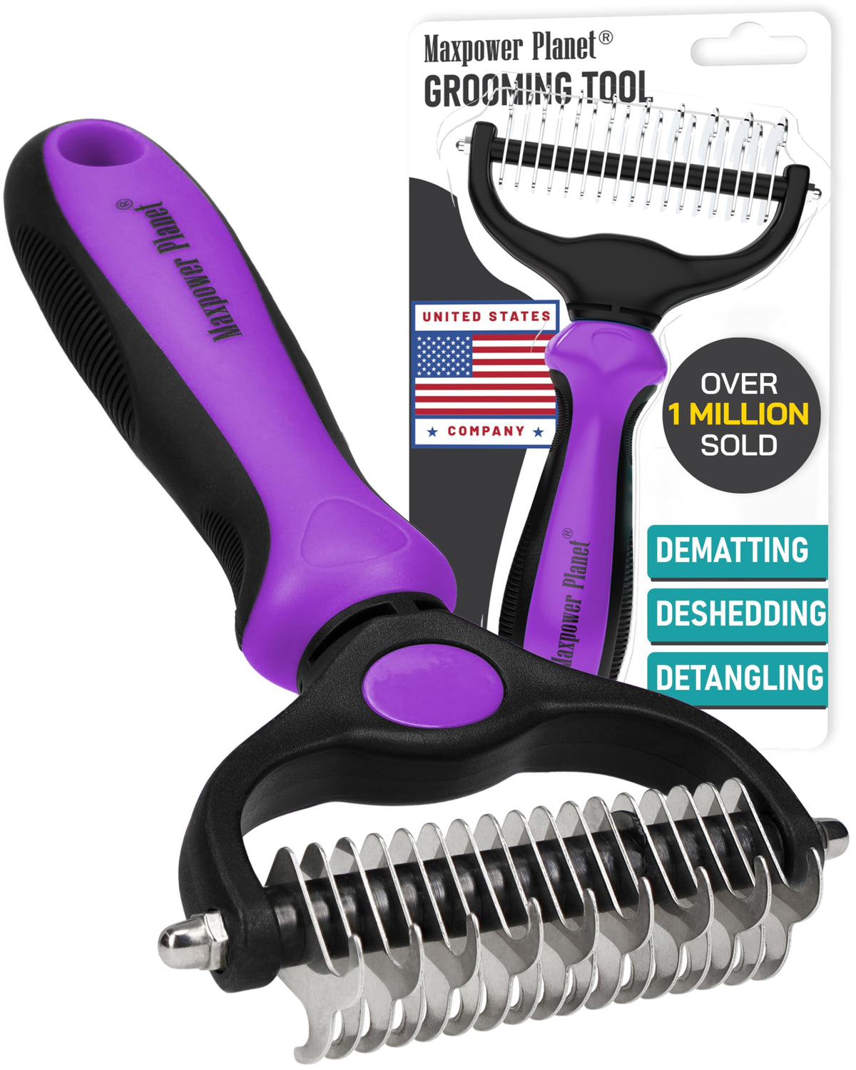 Maxpower Planet Hair Brush - Double Sided Shedding, Dematting Undercoat Rake for Dogs and Cats - Extra Wide Dog Grooming Brush, Reduce Shedding by 95%, Turquoise