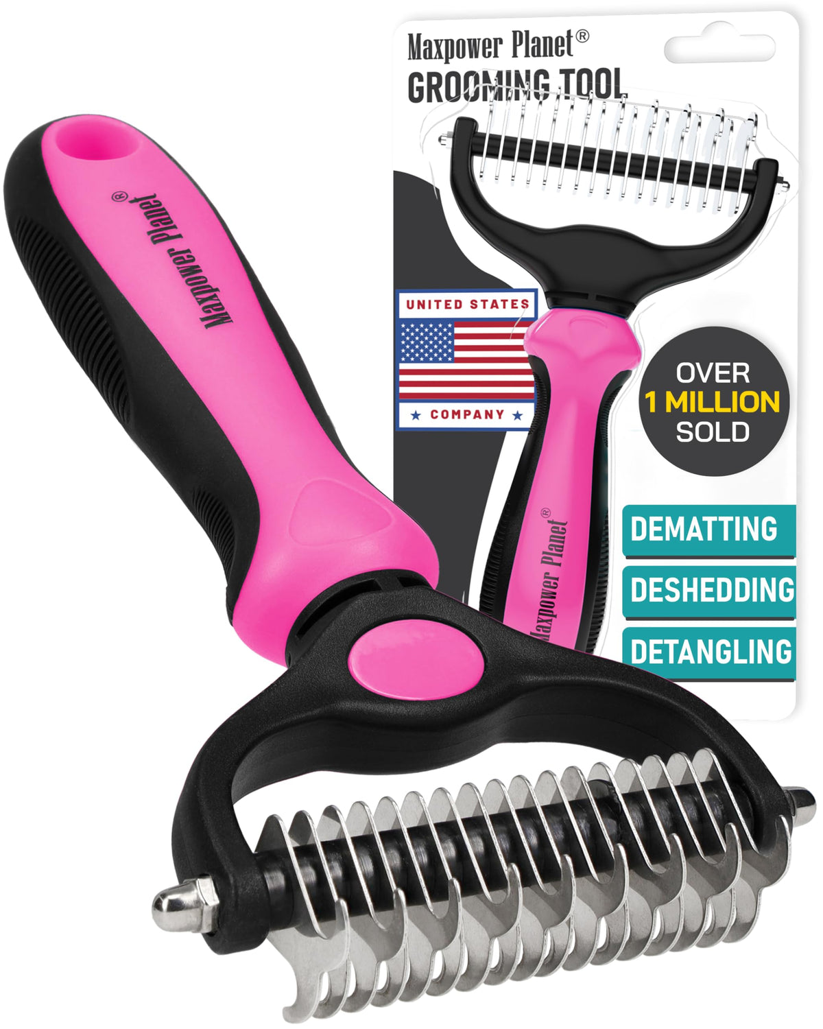 Maxpower Planet Hair Brush - Double Sided Shedding, Dematting Undercoat Rake for Dogs and Cats - Extra Wide Dog Grooming Brush, Reduce Shedding by 95%, Turquoise