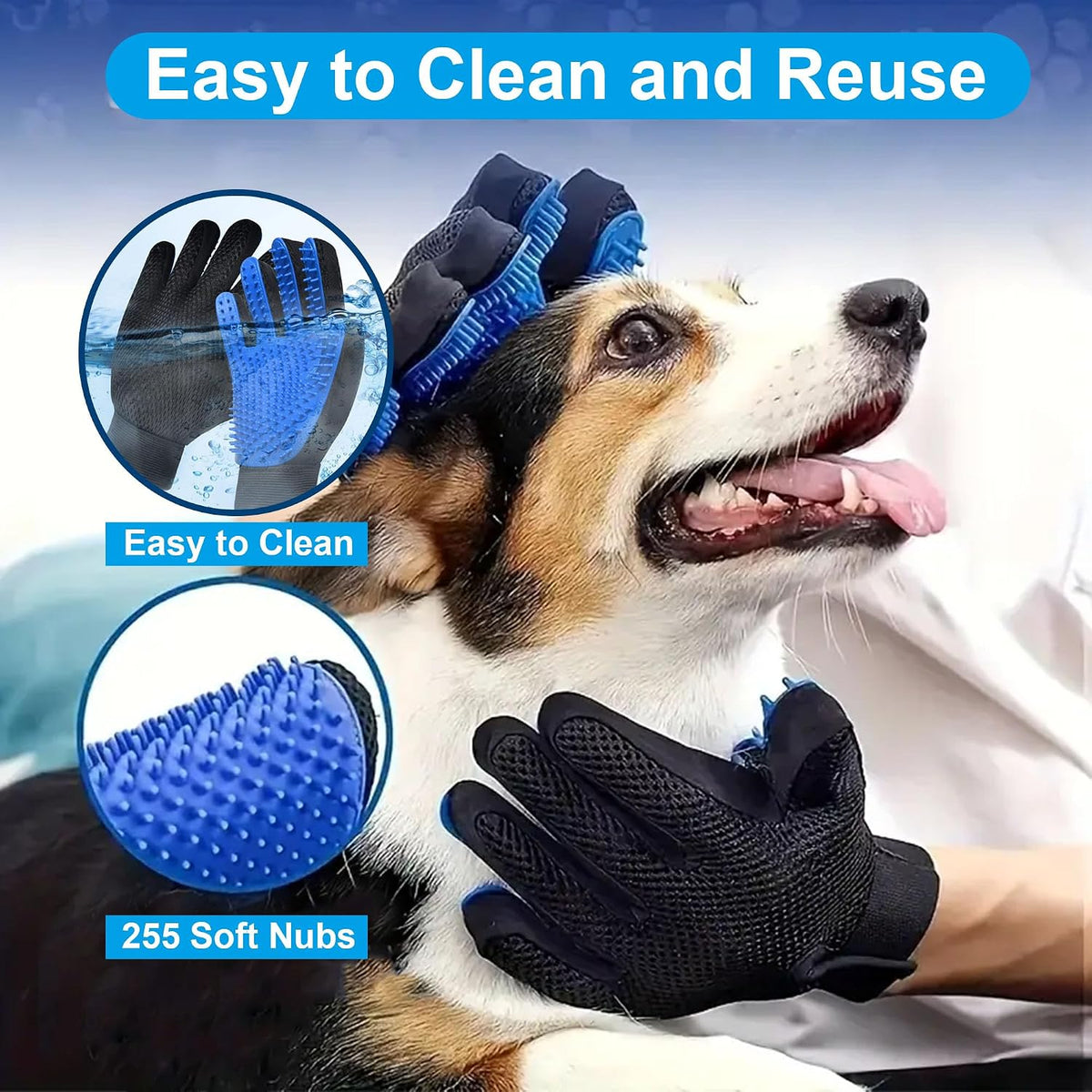 Pet Grooming Gloves for Cats and Dogs 1 Pair 2-in-1 Deshedding Brush and Massage Mitt Efficient Hair Remover Glove for Shedding and Bathing Safe for All Breeds Deep Blue