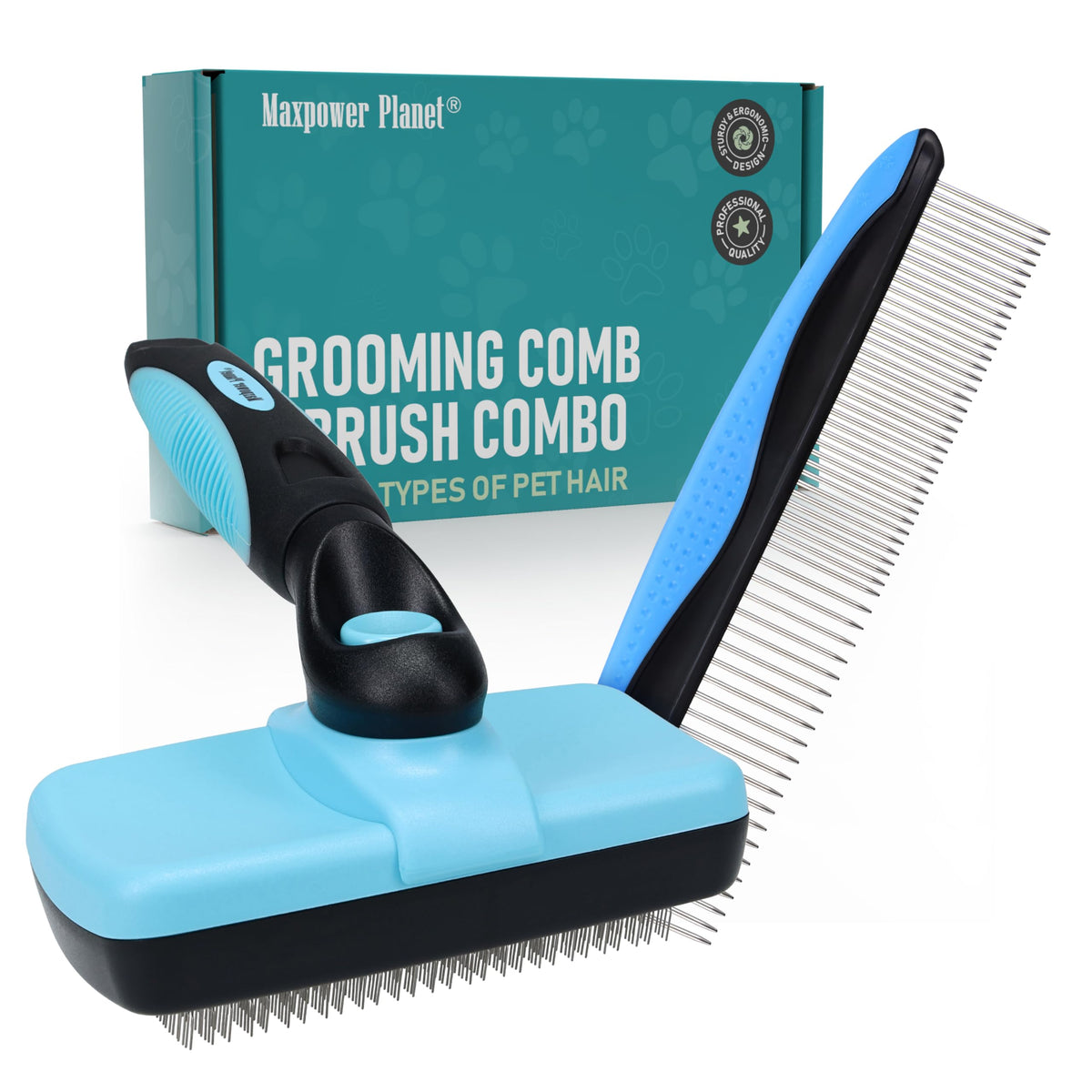 Maxpower Planet Hair Brush - Double Sided Shedding, Dematting Undercoat Rake for Dogs and Cats - Extra Wide Dog Grooming Brush, Reduce Shedding by 95%, Turquoise