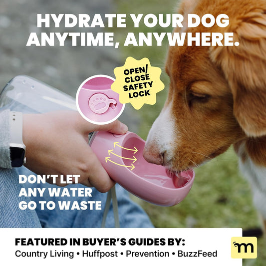 MalsiPree On the Go Dog Water Bottle - 12 oz Pink, Leak-Proof